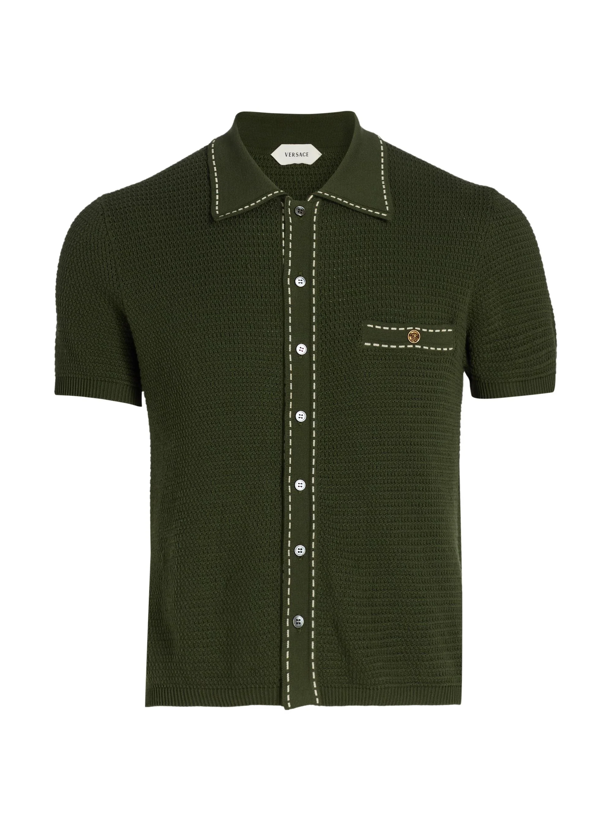 Men's Cotton Button-Front Short-Sleeve Sweater - Dark Olive - 1