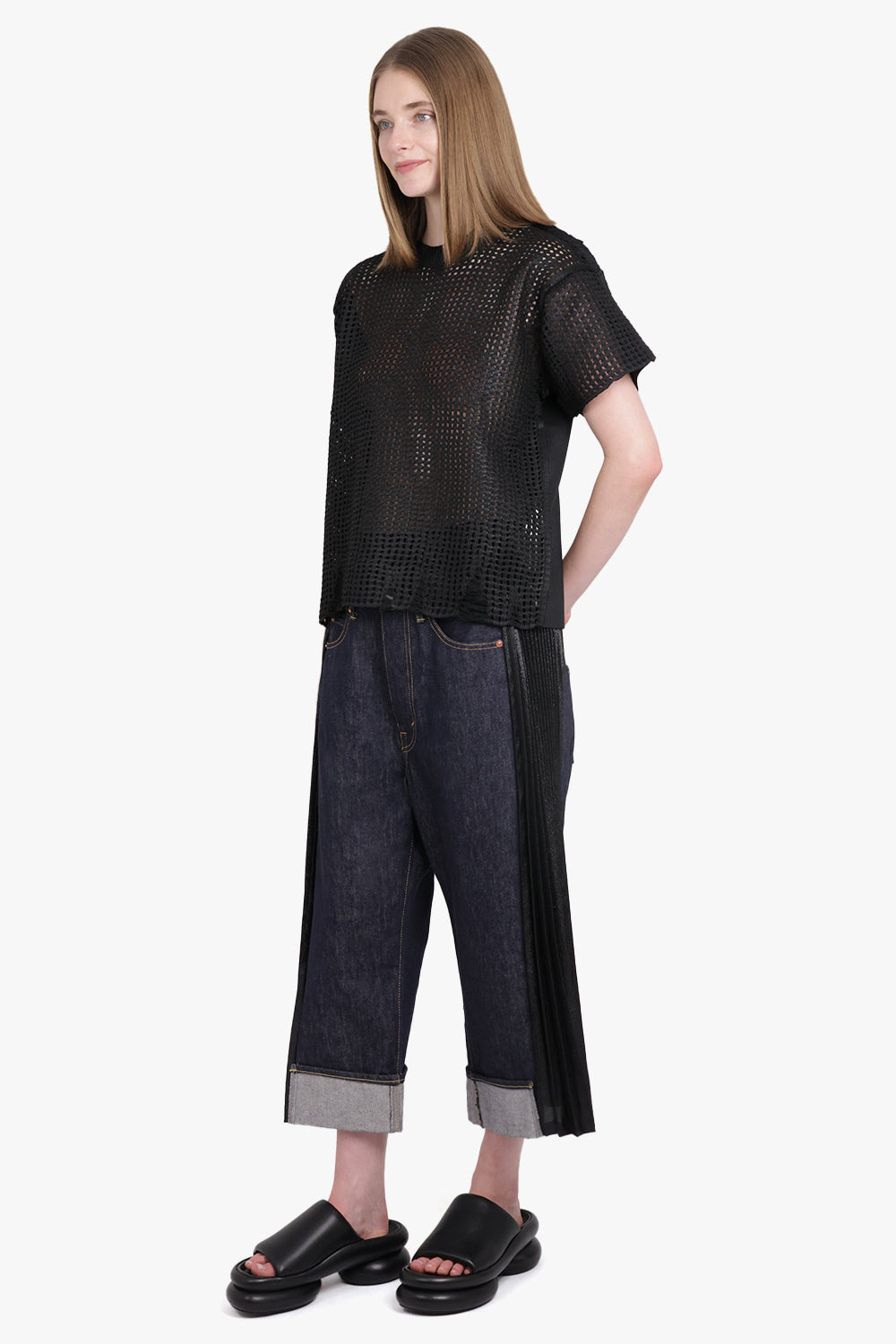 MESH OVERLAY S/S DISTRESSED KNIT T-SHIRT TOP | BLACK - 3
