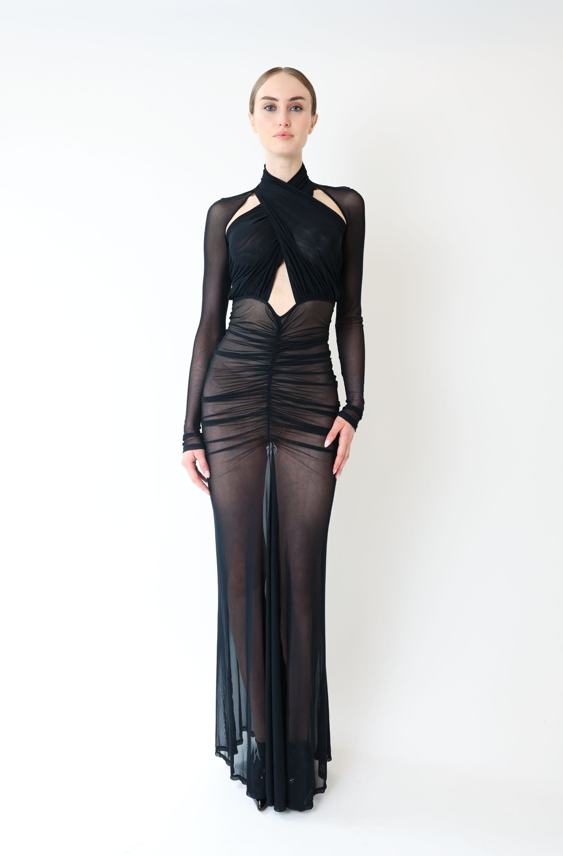 Mesh Halter Ruched Gown - 2