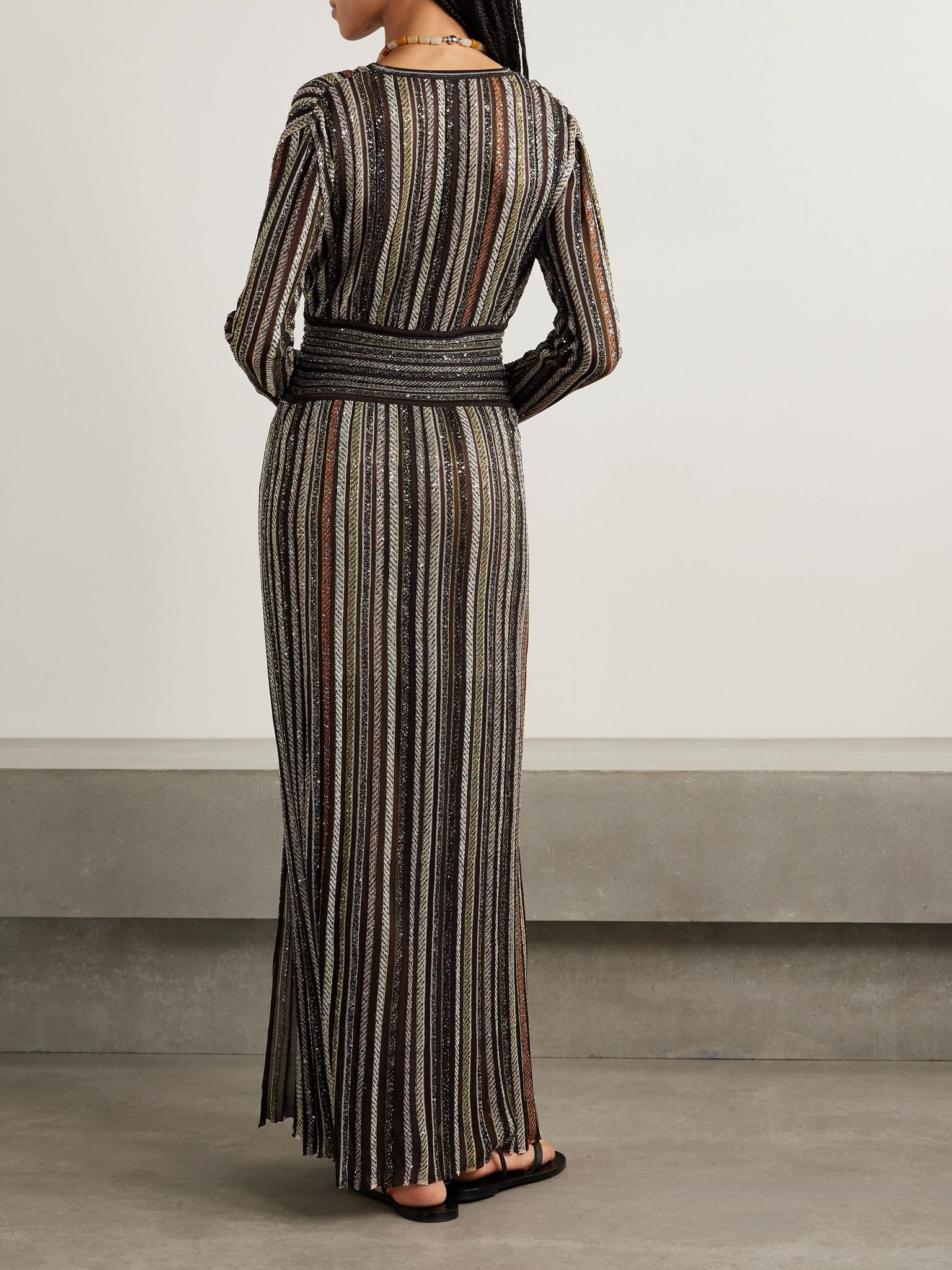 Wrap-effect sequin-embellished striped jersey maxi dress Black - 3