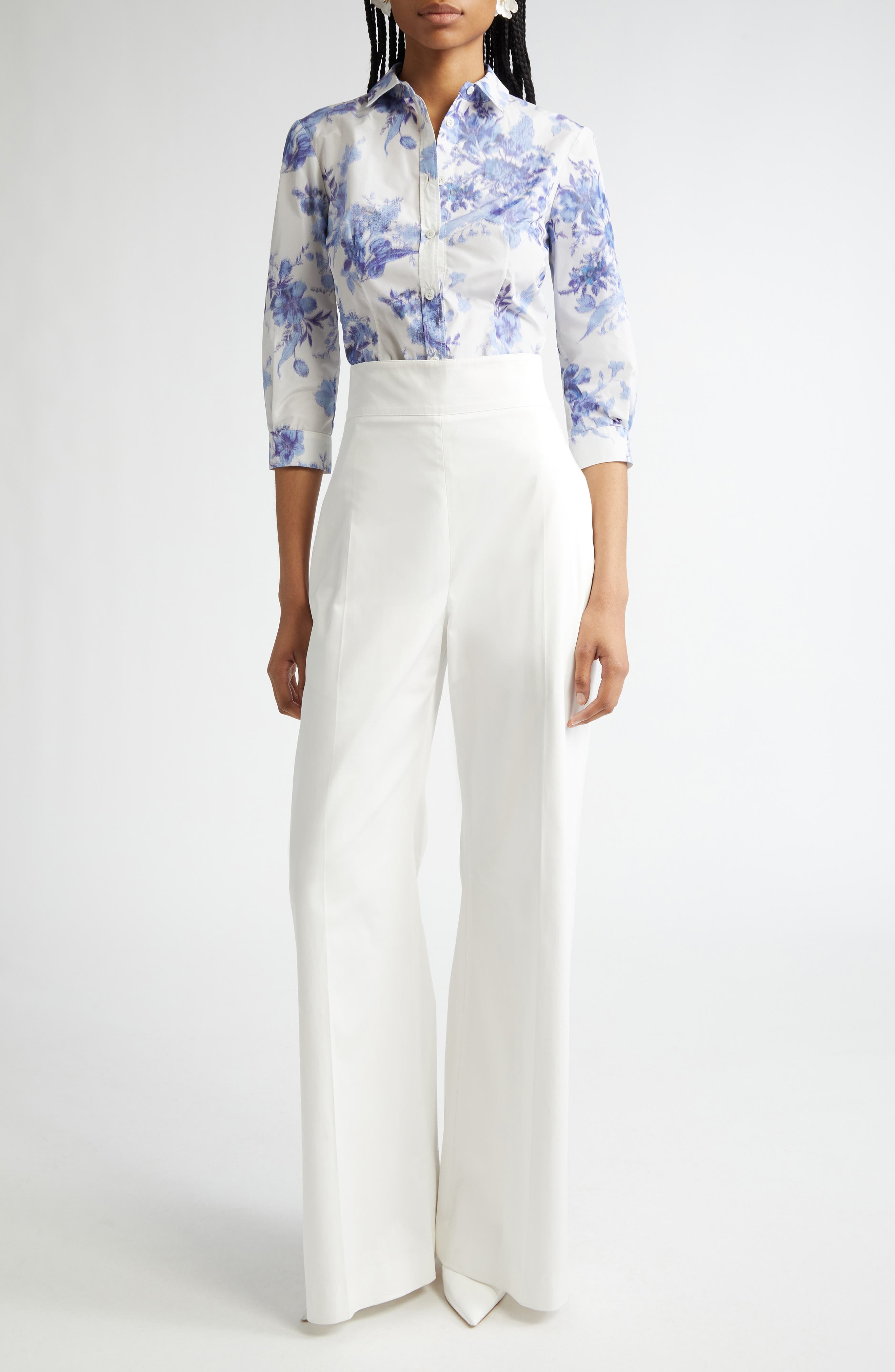 Carolina Herrera Icon Floral Taffeta Button-Up Shirt in Ivory/Blue at Nordstrom - 2