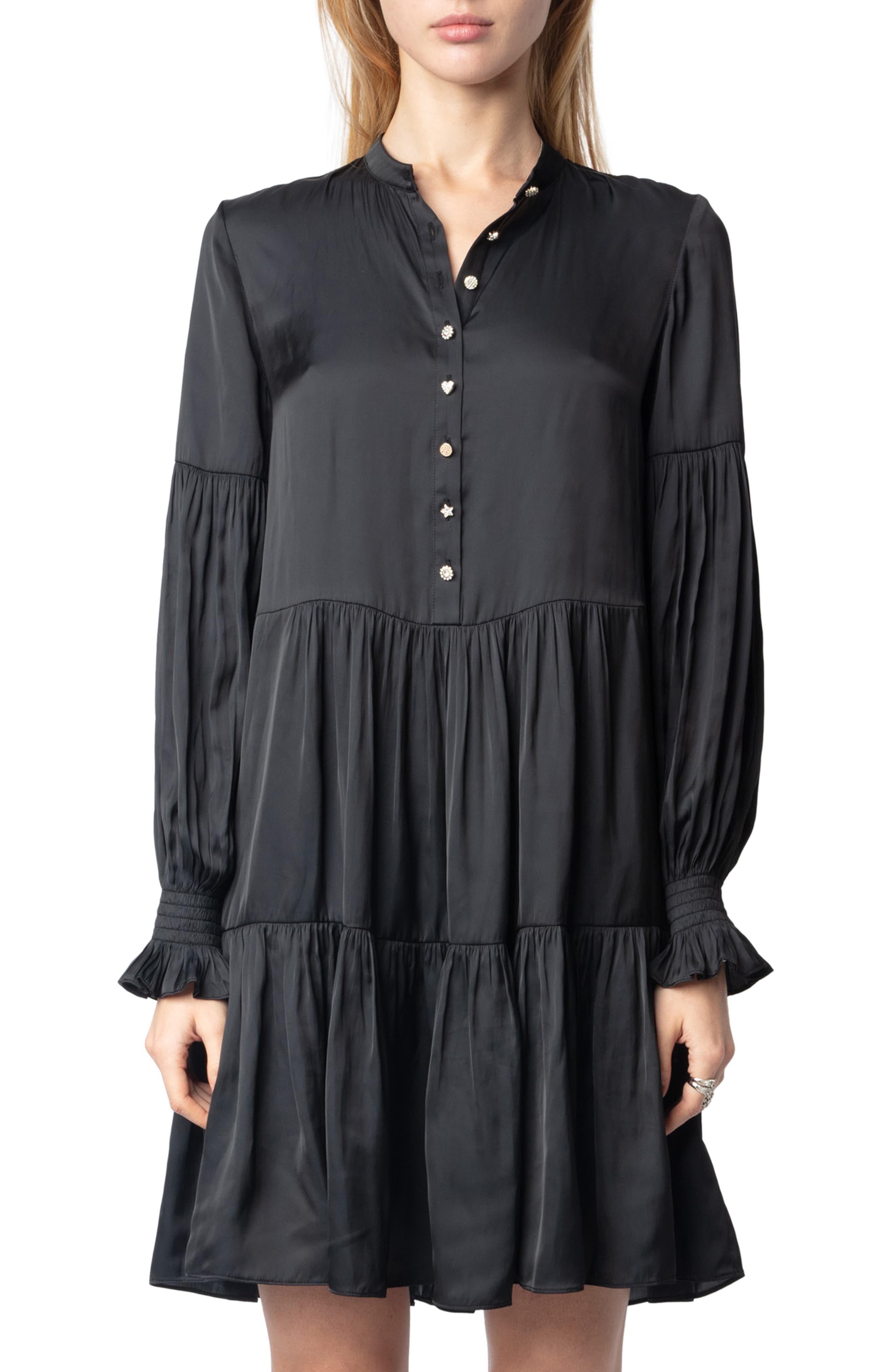 Zadig & Voltaire Randy Long Sleeve Tiered Satin Dress in Black at Nordstrom - 7