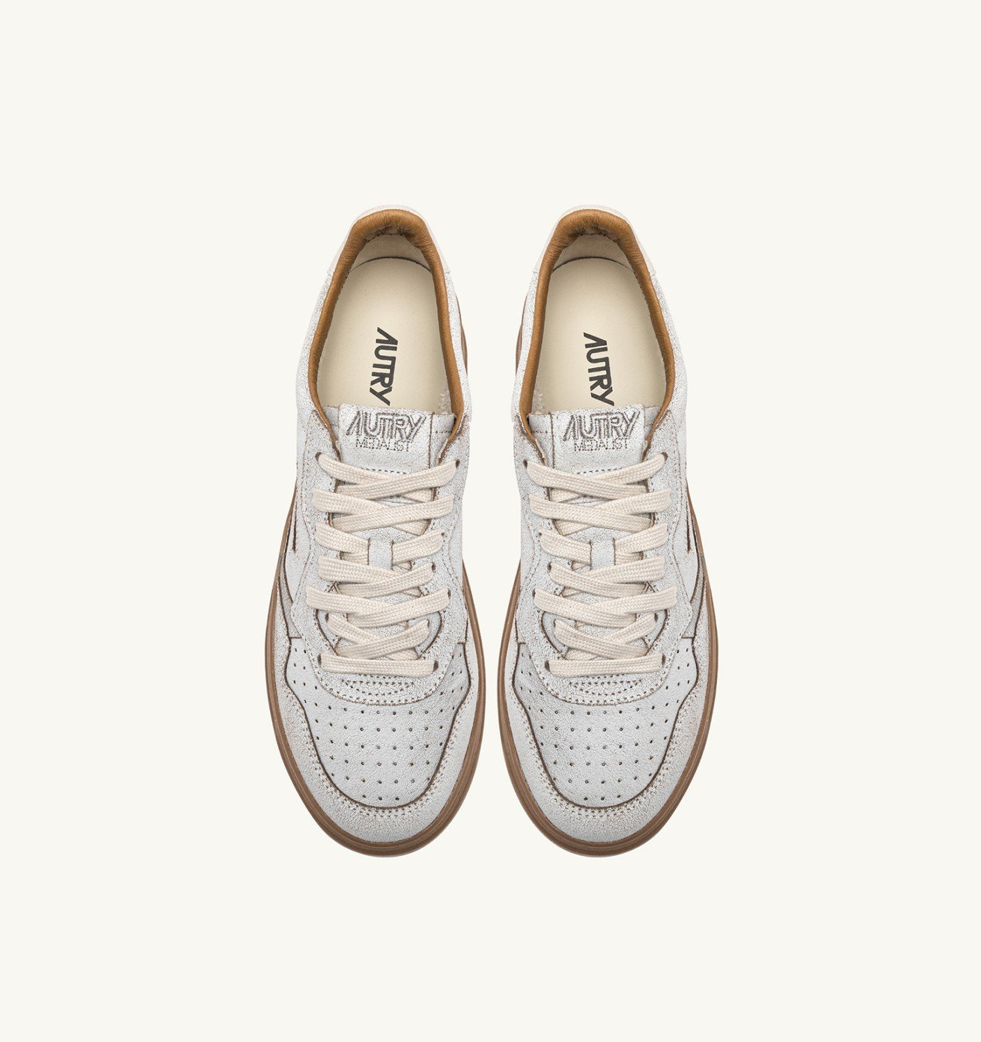 MEDALIST LOW SNEAKERS IN WHITE AND TOBACCO BROWN SCRAPED EFFECT SUEDE - 6