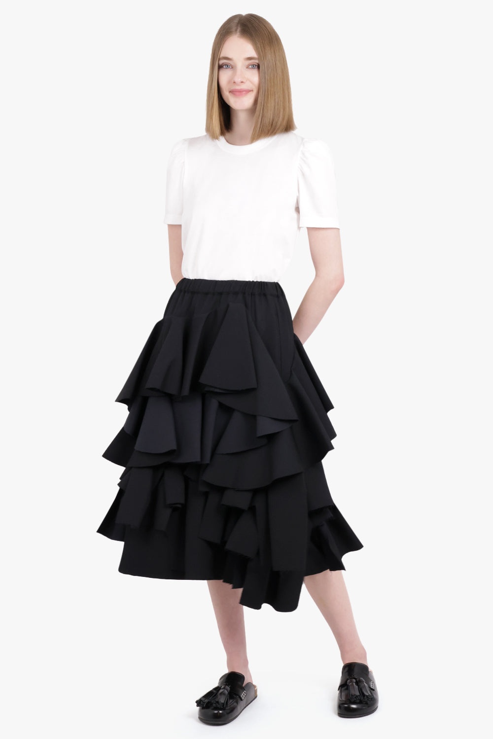 ASYMMETRIC CONTRAST RUFFLE MIDI SKIRT | BLACK - 2