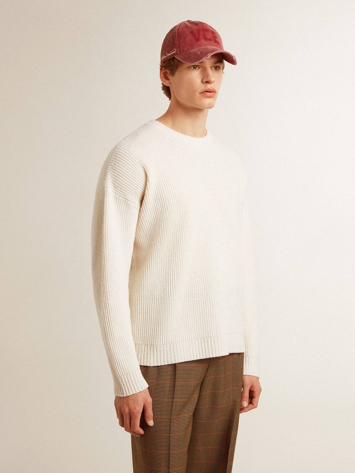 Men's crew-neck sweater in worn white ribbed wool - 2