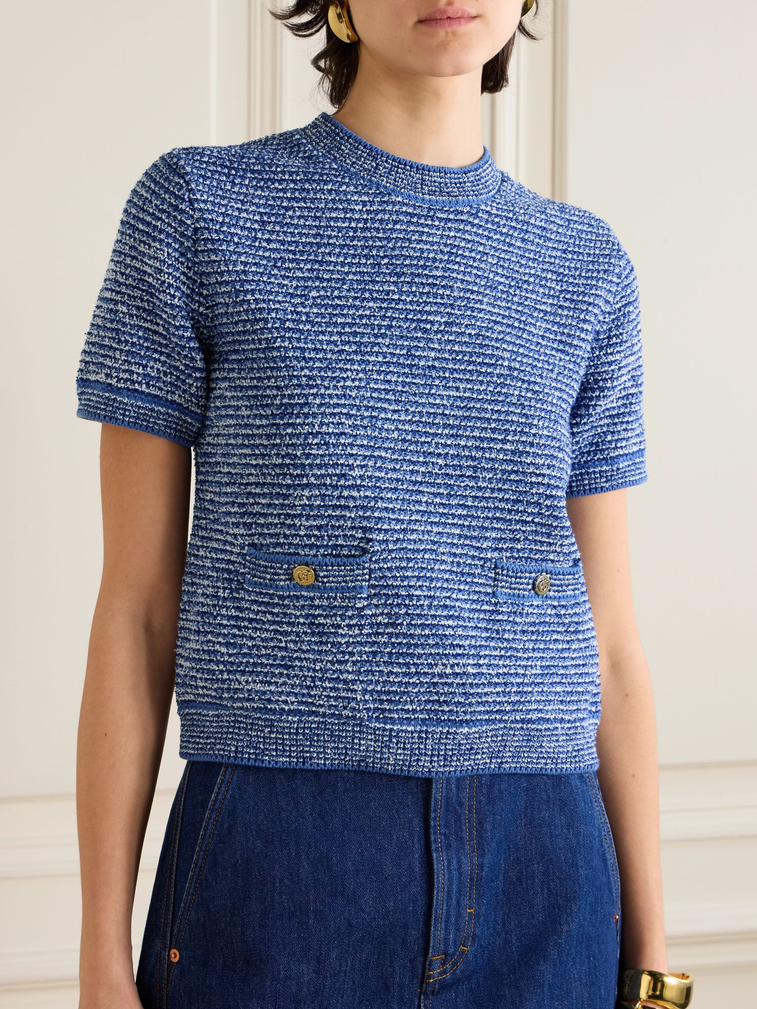 Striped cotton-blend bouclé top Light denim - 3