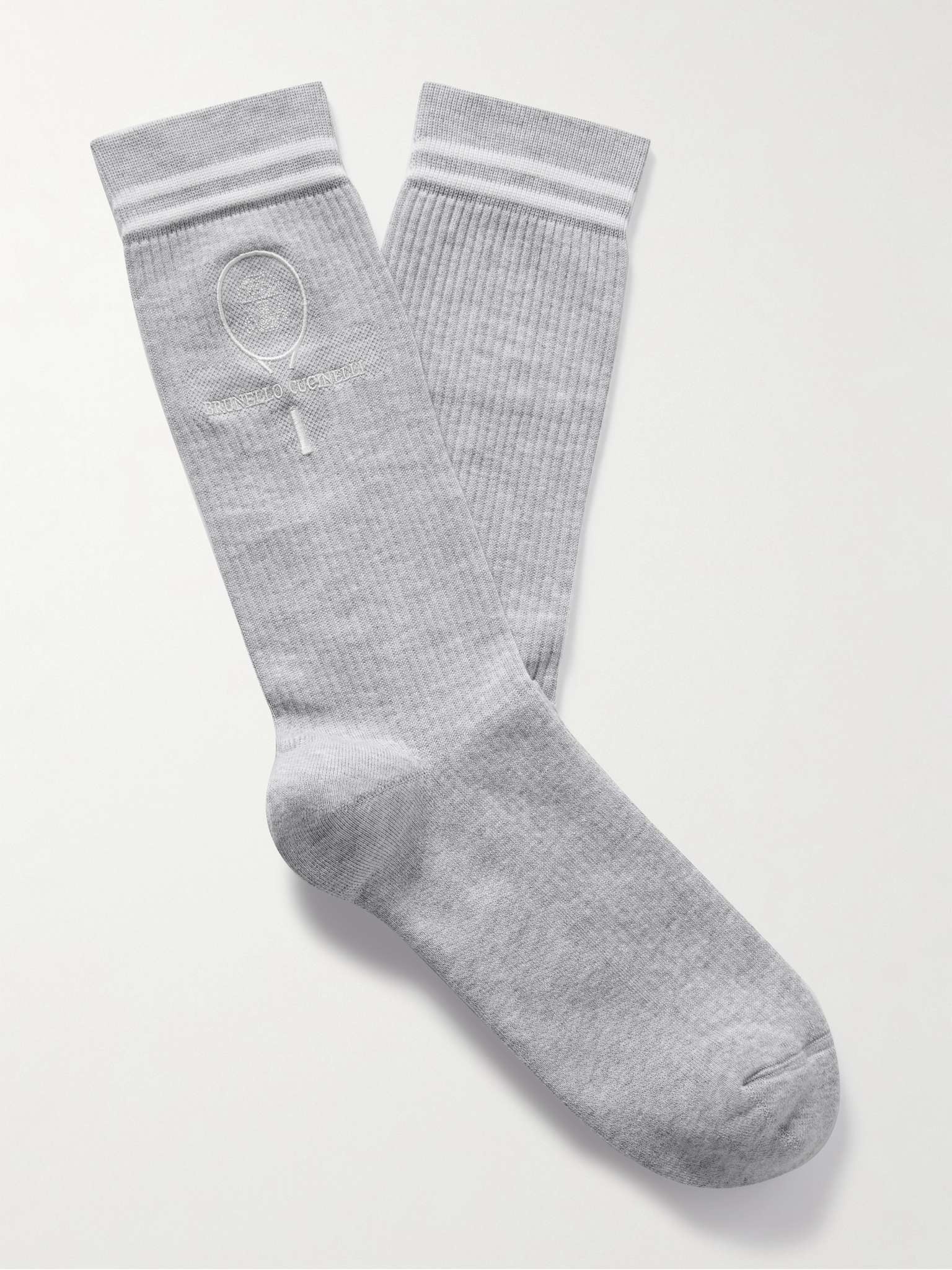 Logo-Embroidered Striped Ribbed Cotton-Blend Socks - 1
