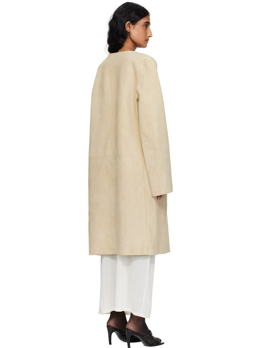 Beige Collarless Suede Coat - 3