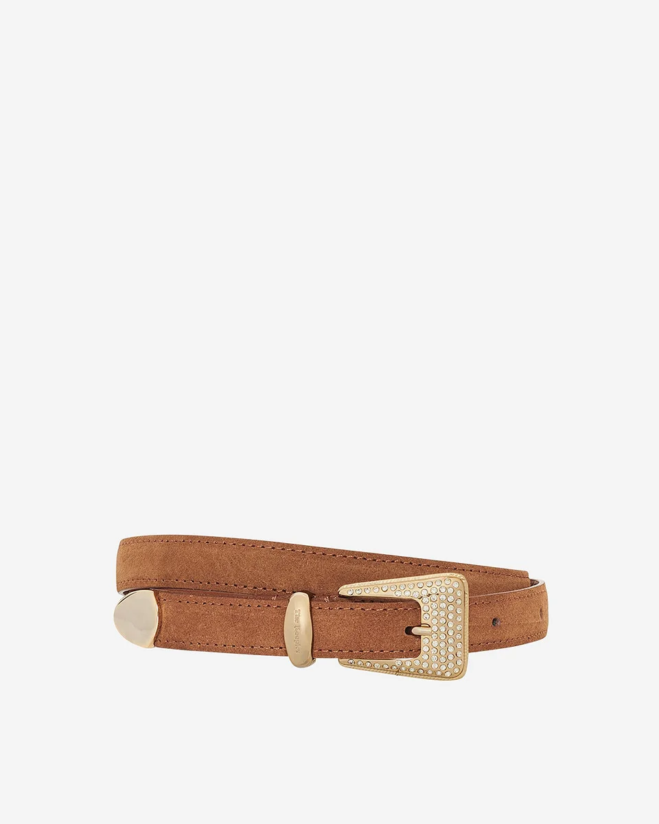 CAMEL SUEDE WESTERN BUCKLE BELT WITH GOLD RHINESTONES - 1
