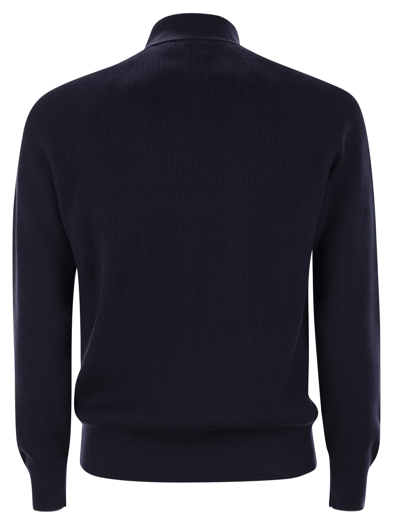 Brunello Cucinelli Men Cotton Rib Knit Polo Shirt With Long Raglan Sleeve - 2