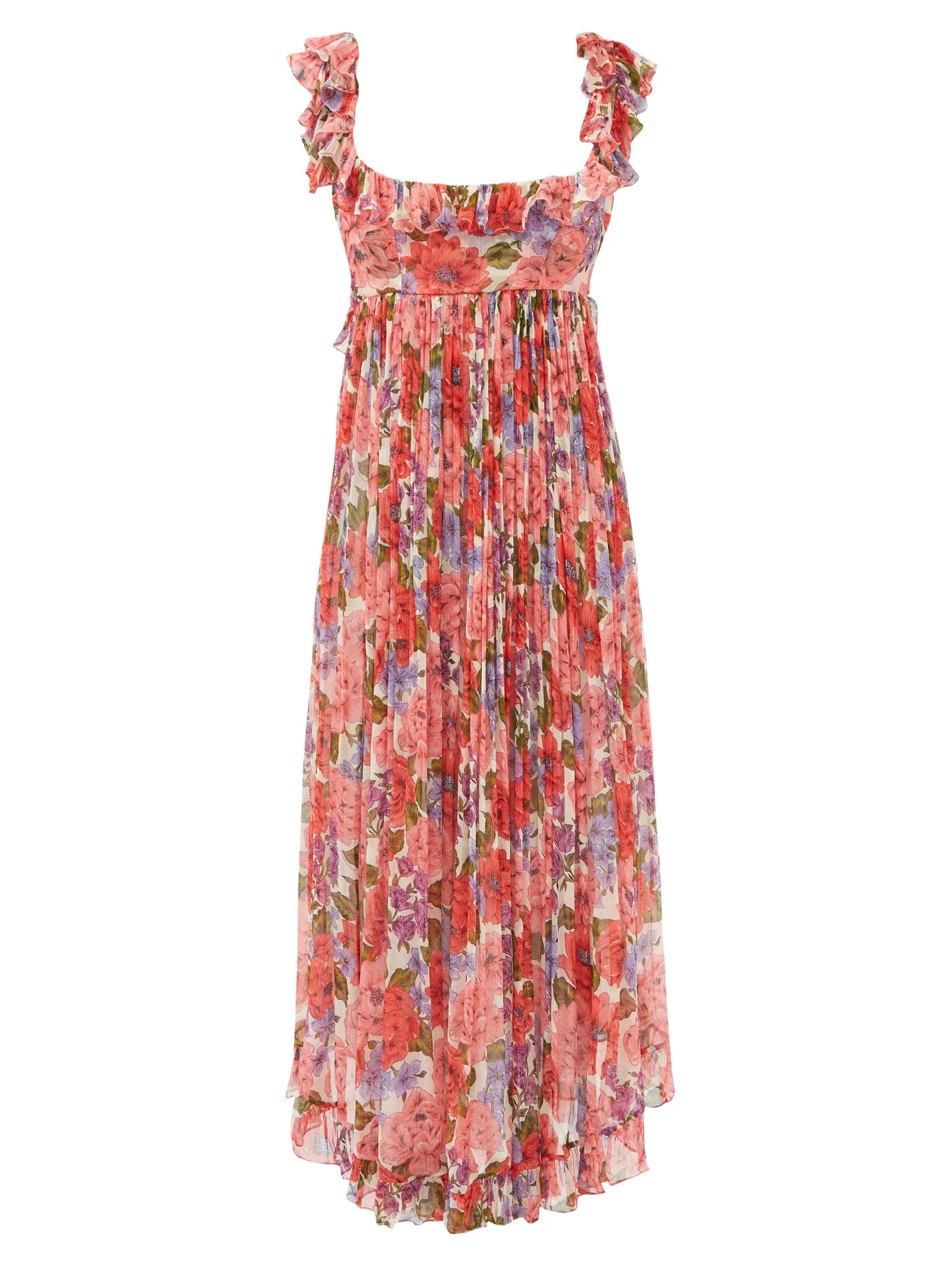 Ruffled square-neck poppy-print georgette dress - 1