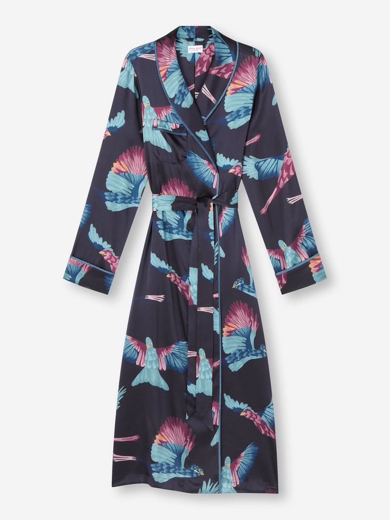 Women's Long Dressing Gown Brindisi 95 Silk Satin Navy - 1