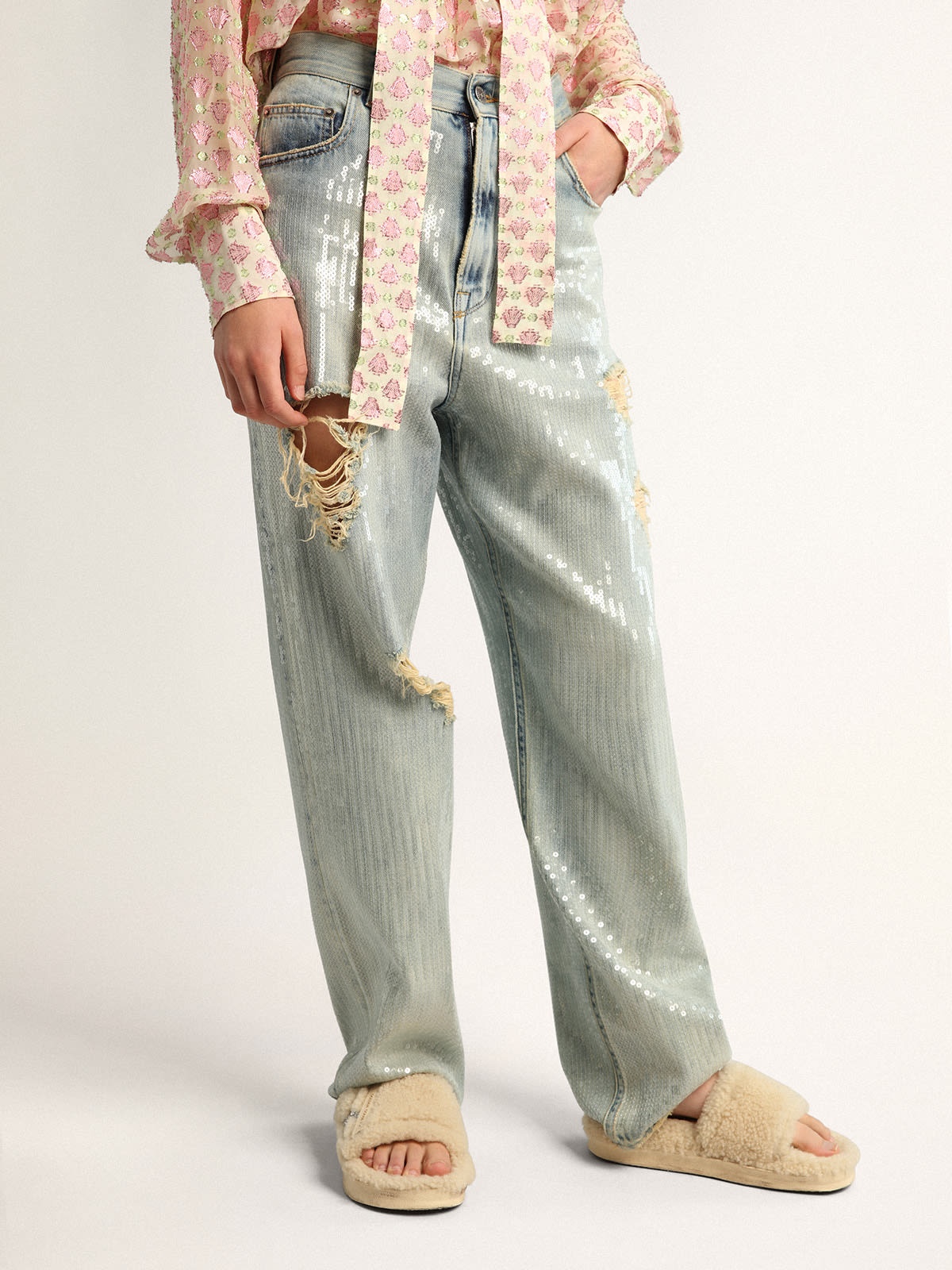 Journey Collection jeans in distressed-effect light blue denim with all-over sequins - 2