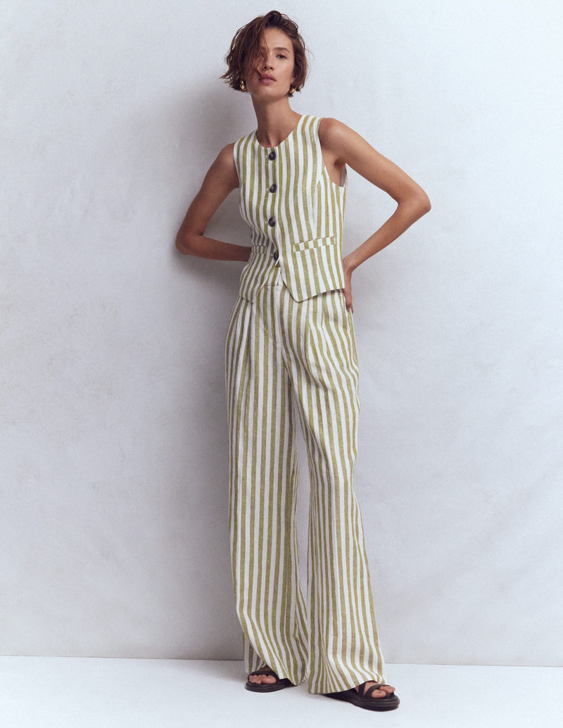 Linen Scoop Neck Waistcoat-Olive, Ivory Stripe 3
