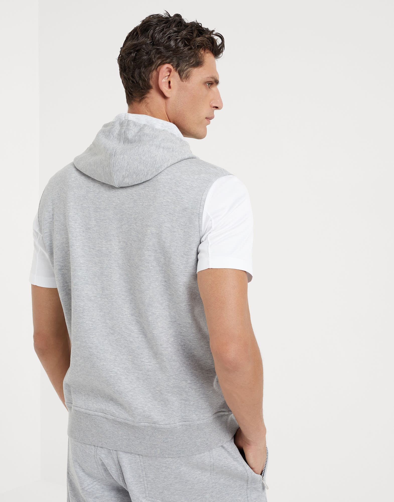 Cotton, cashmere and silk French terry double cloth vest with zipper and hood - 2