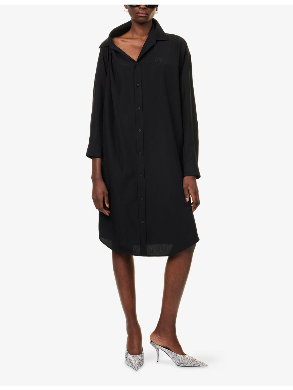 One-Shoulder Logo-Embroidered Woven Mini Shirt Dress - 2