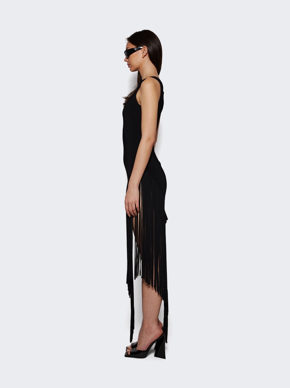 Side Fringe Detail Asymmetric Cut Knit Dress Black - 3