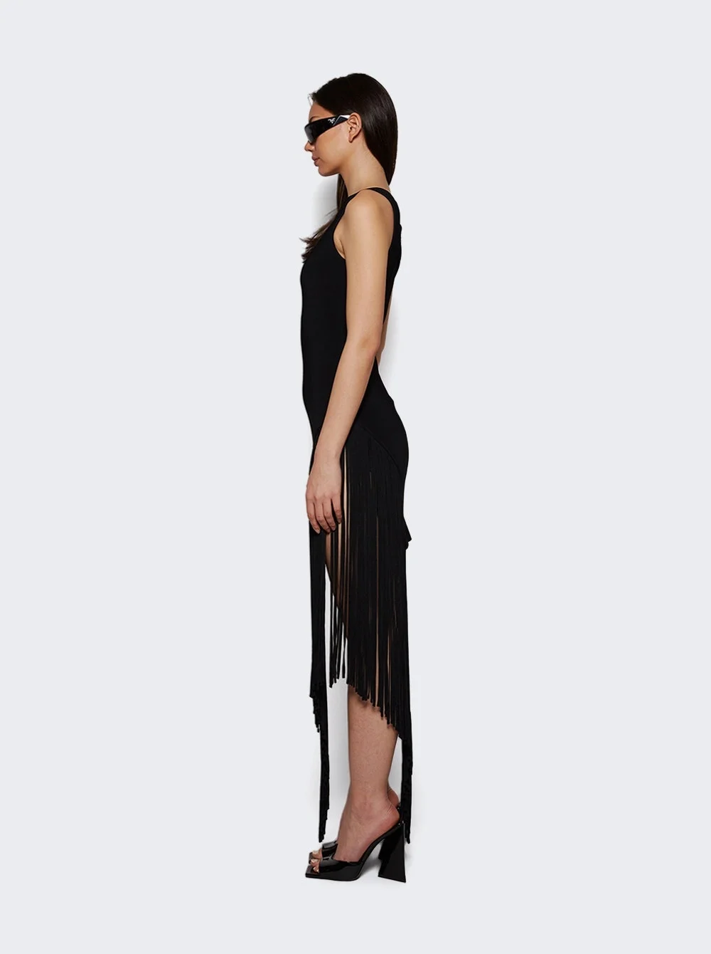 side fringe detail asymmetric cut knit dress Black