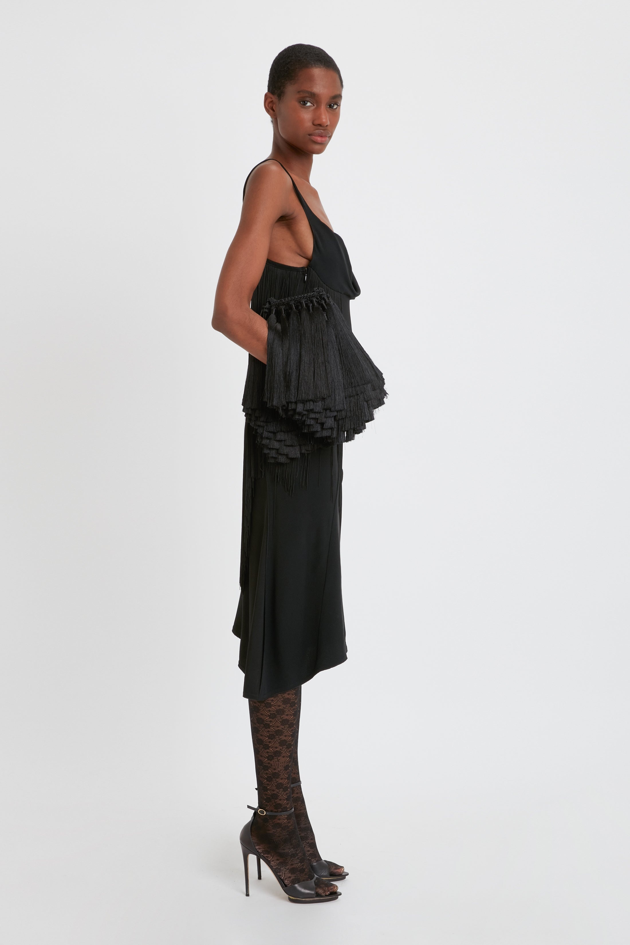 Asymmetric Fringe Mini Dress In Black - 7