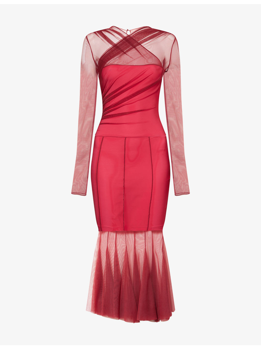 Long-Sleeve Gathered Mesh Woven Midi Dress - 1