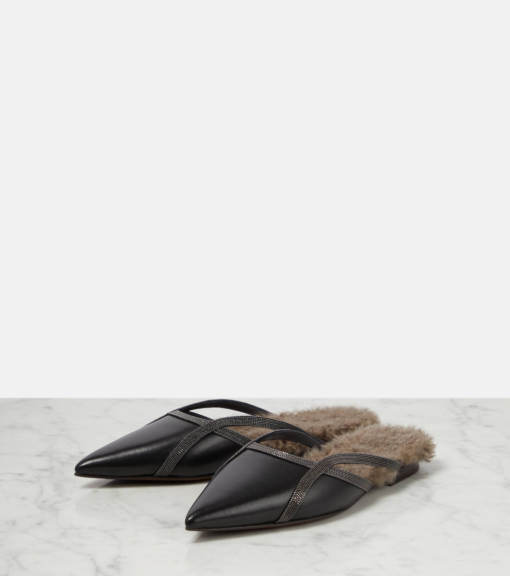Shearling-trimmed leather slippers - 5