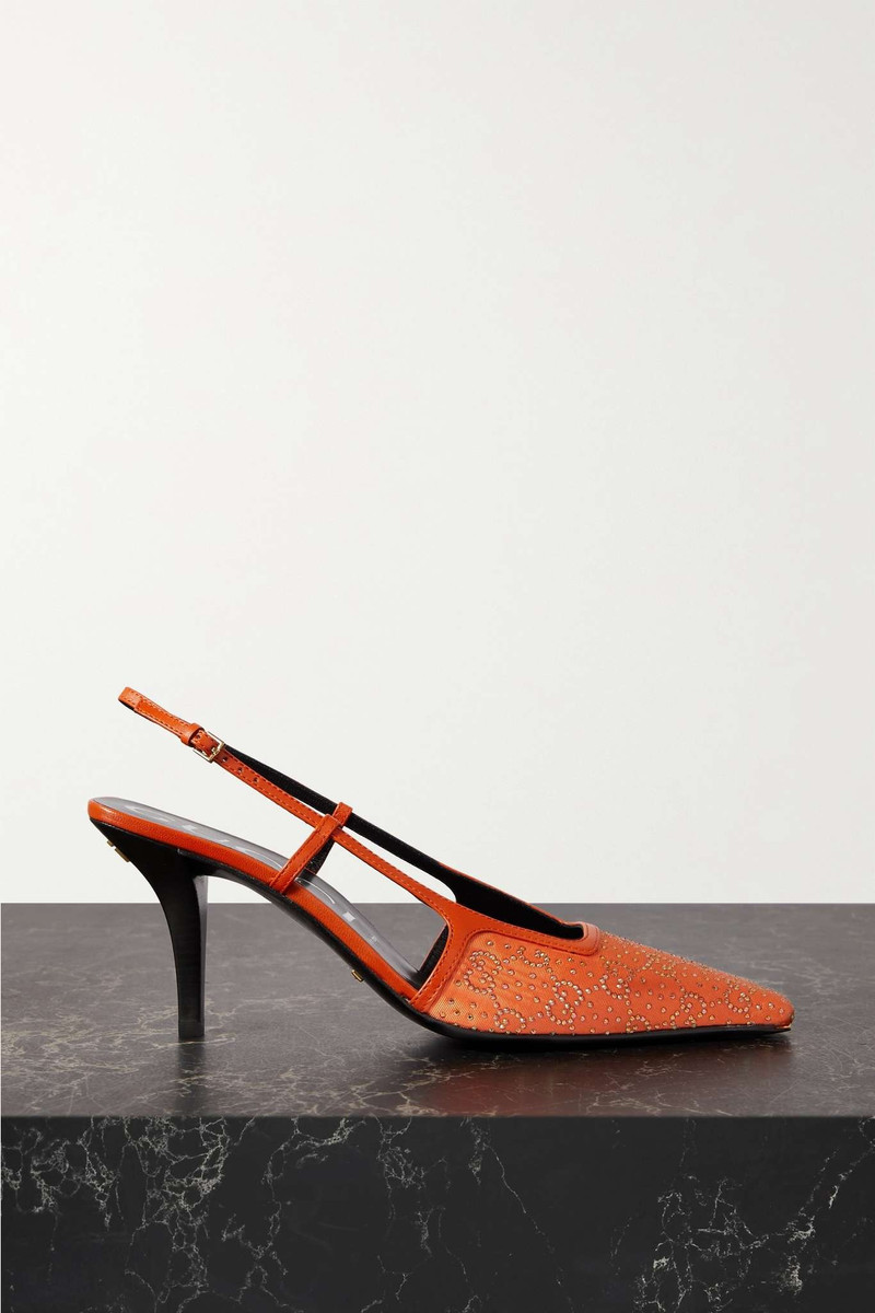 Bauletto leather-trimmed crystal-embellished faille slingback pumps 1