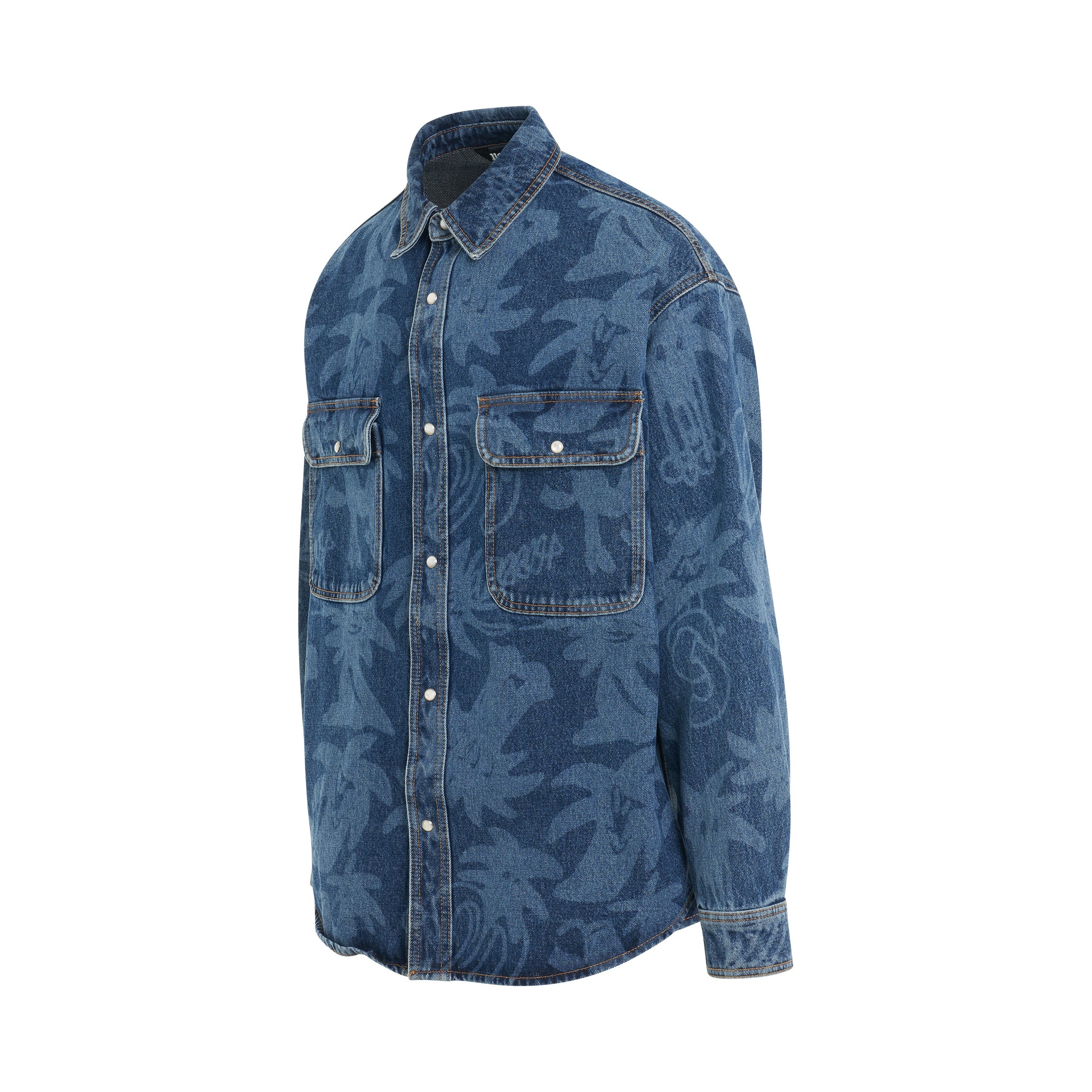 Palmity Laser Printed Denim Shirt in Blue - 2