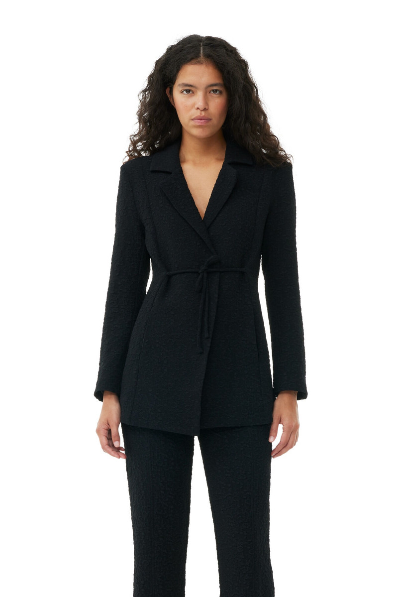 GANNI BLACK TEXTURED SUITING TIE STRING BLAZER outlook