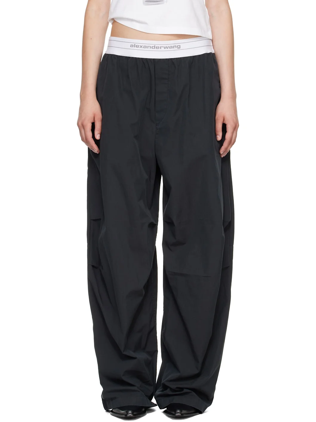 Black Mid-Rise Pleated Wide-Leg Lounge Pants - 1