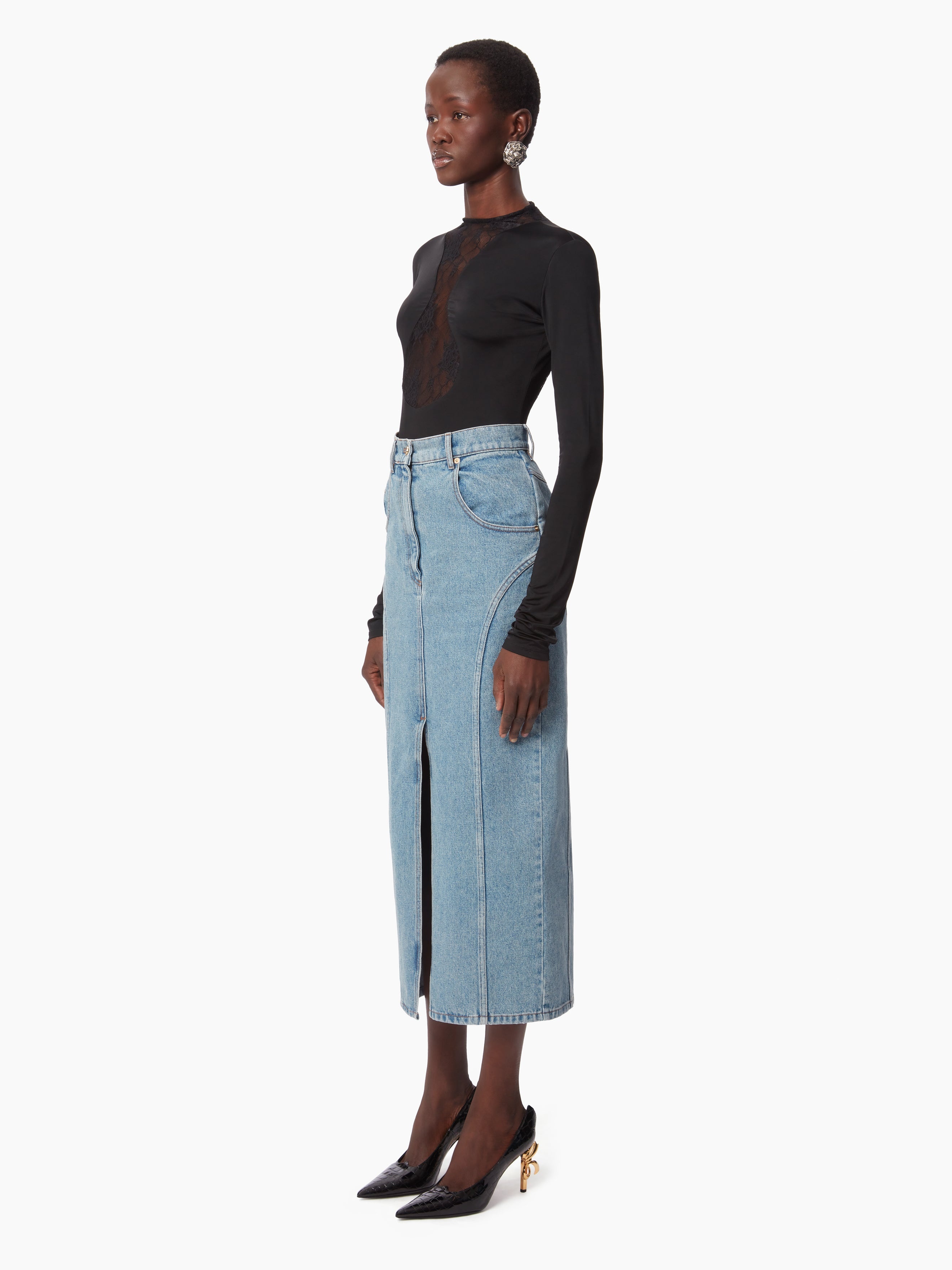 LONG DENIM SKIRT WITH FRONT SLIT - 2