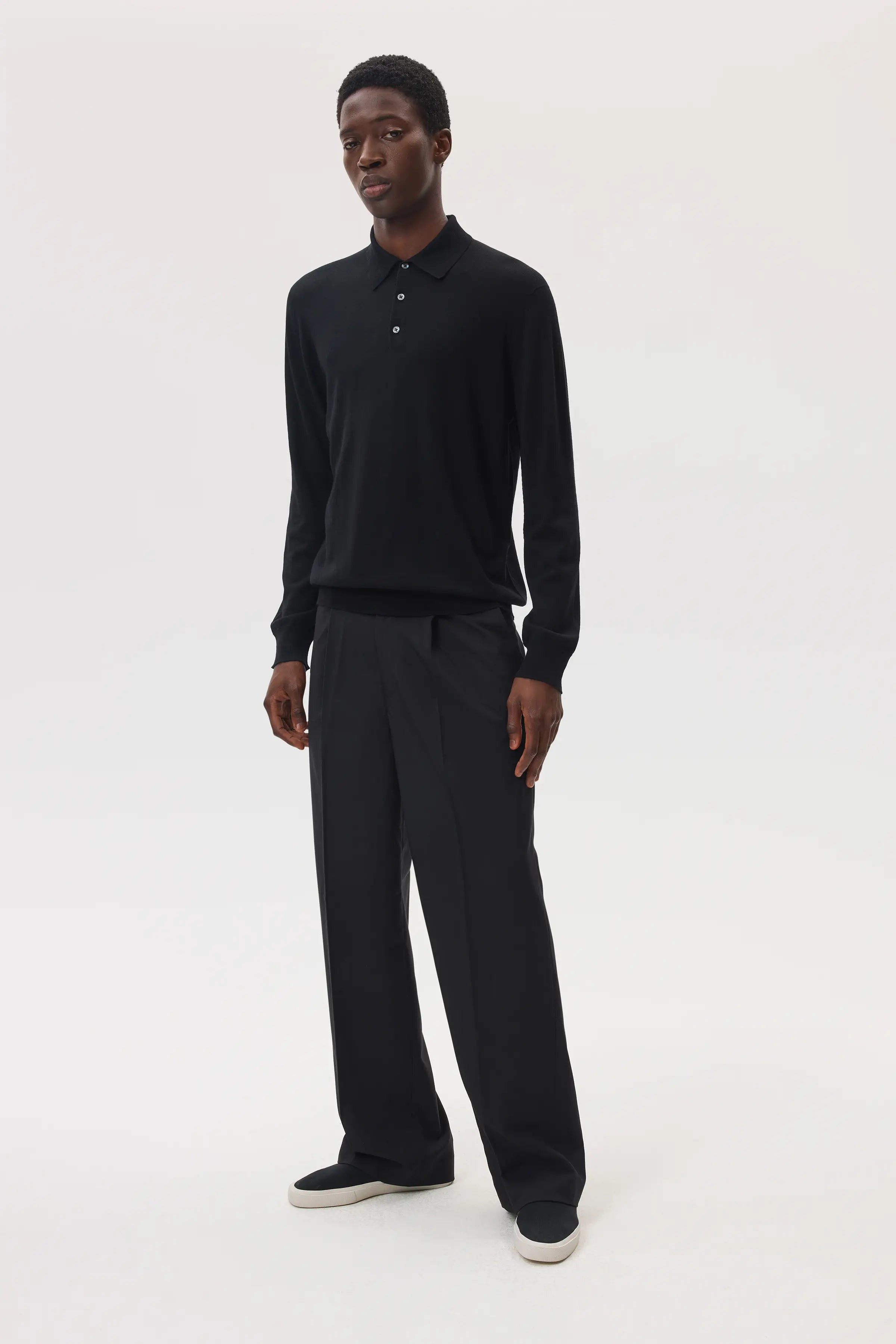 Merino Long Sleeve Black Polo Shirt - 2