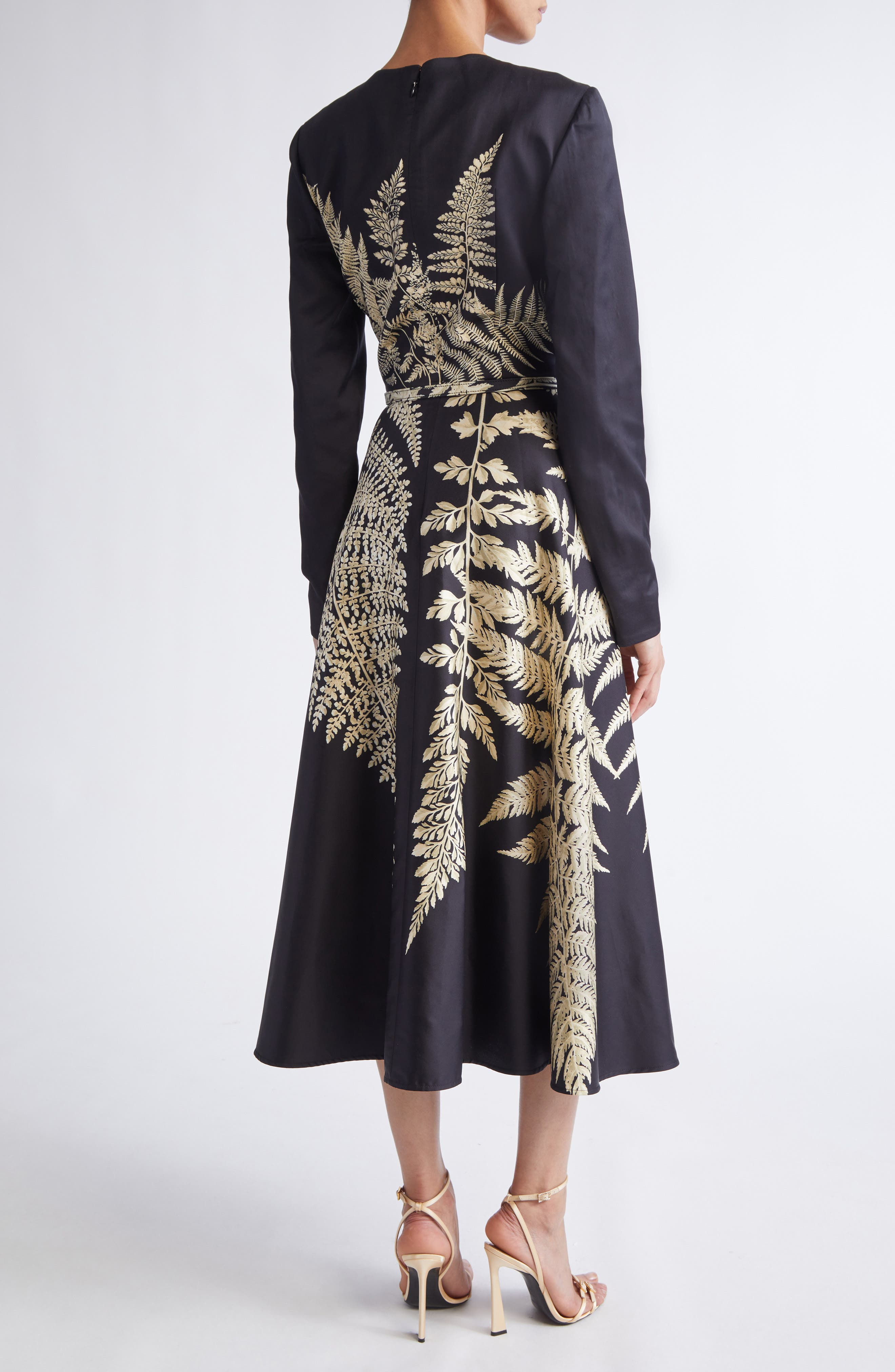 Oscar de la Renta Fern Print Belted Long Sleeve Cocktail Dress in Black/Ecru at Nordstrom - 2