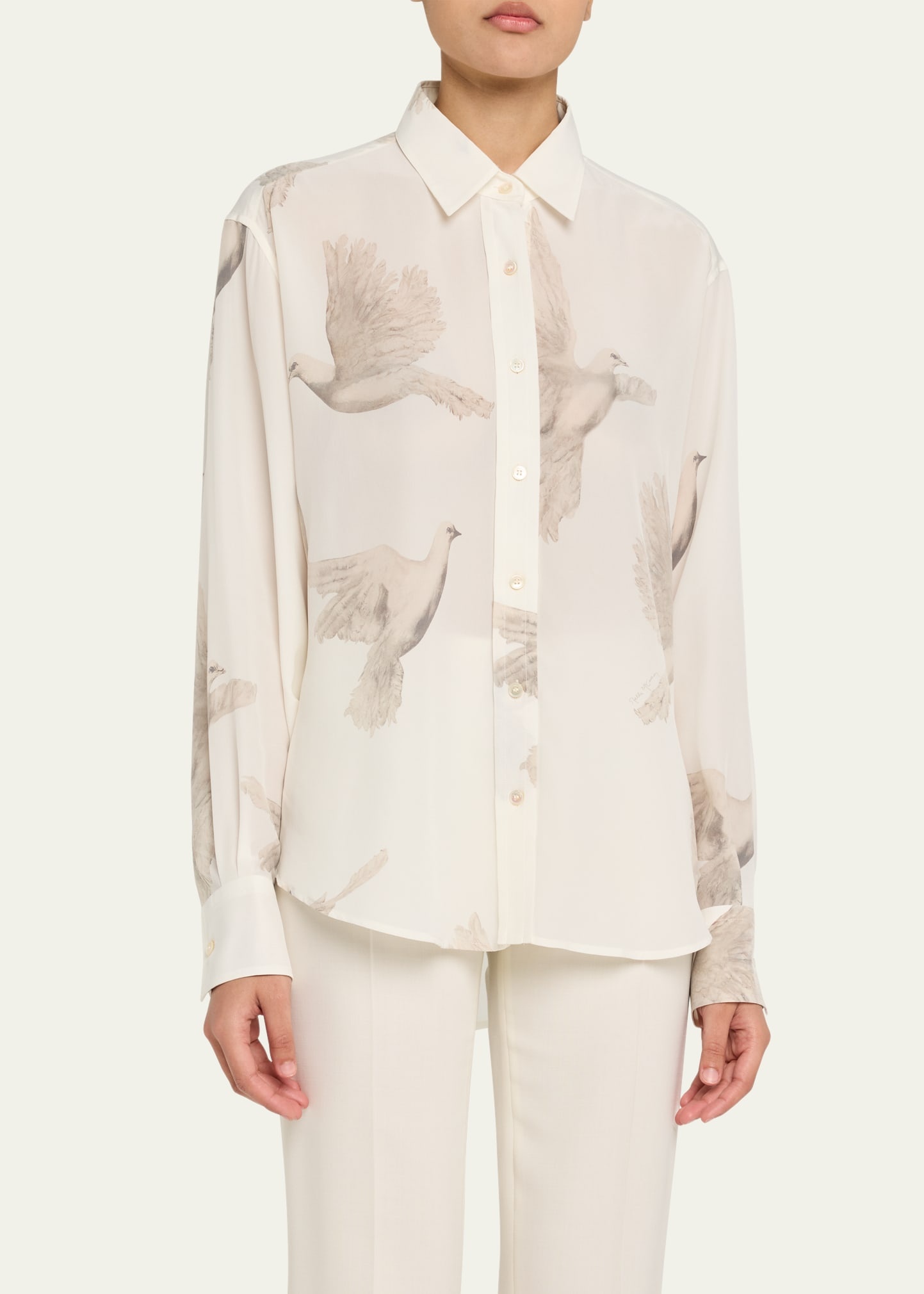 Bird Print Oversized Silk Top - 4