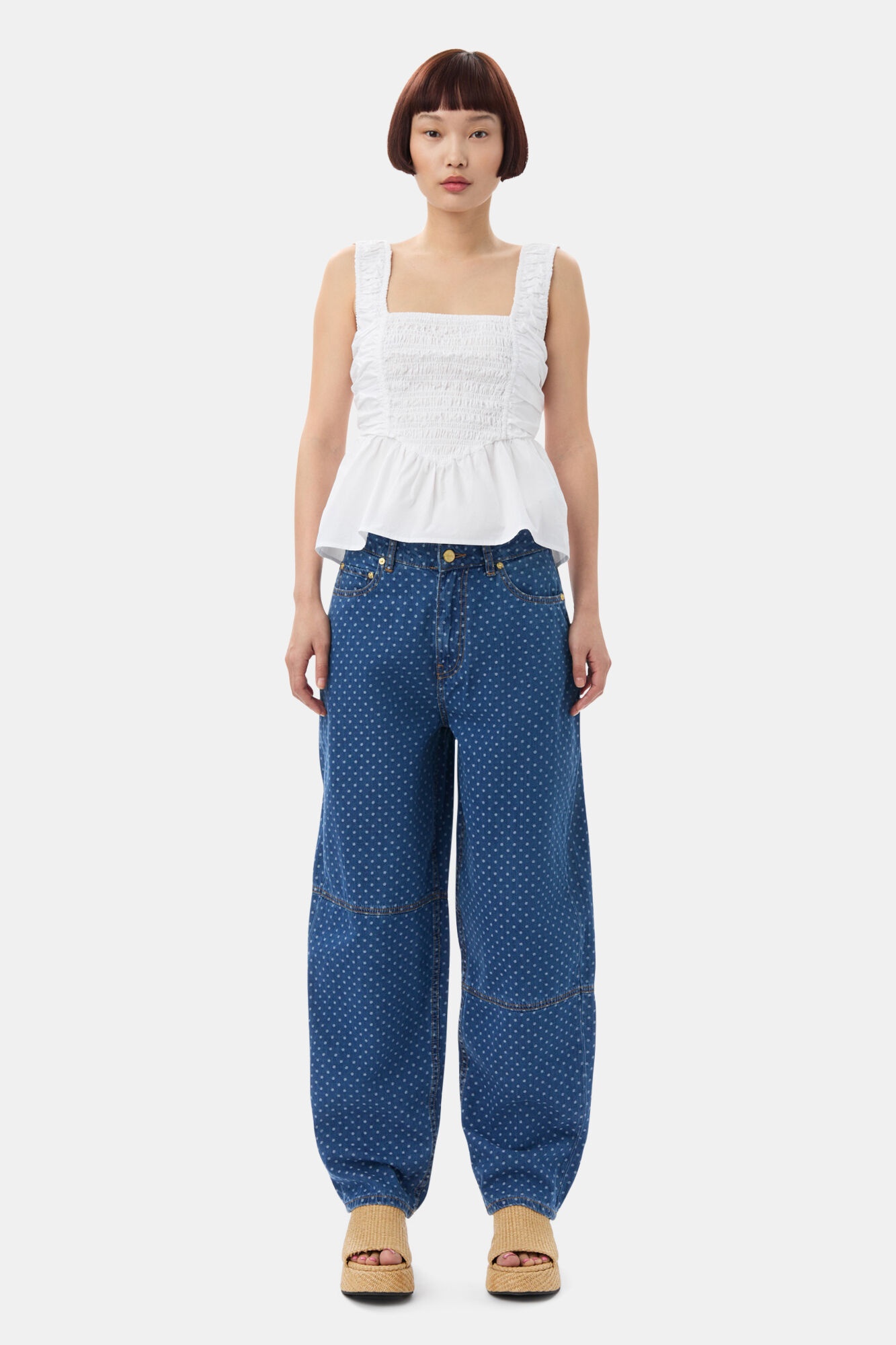 WHITE COTTON POPLIN SMOCK STRAP TOP - 3