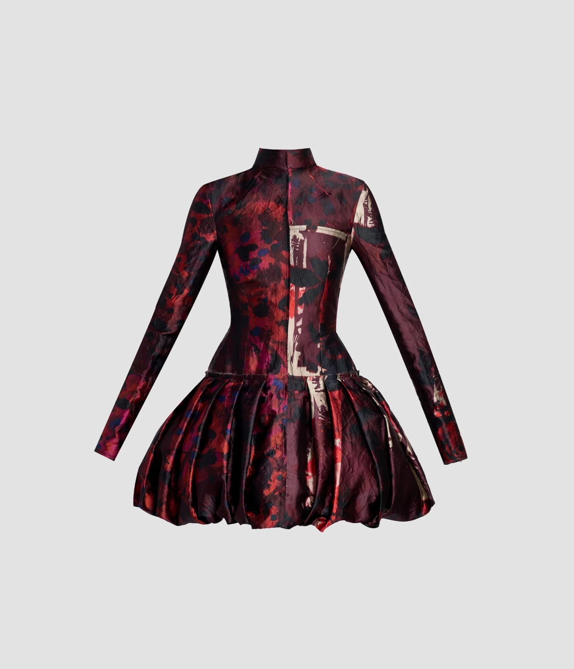FLORAL PRINT TEXTURED SATIN LONG SLEEVE DRESS - 1