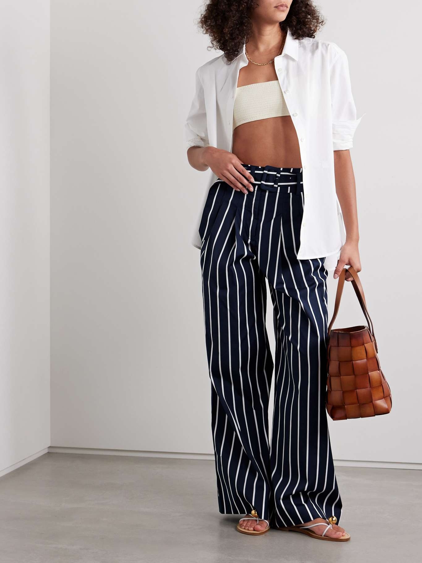 Maliyah belted striped cotton-blend wide-leg pants - 2