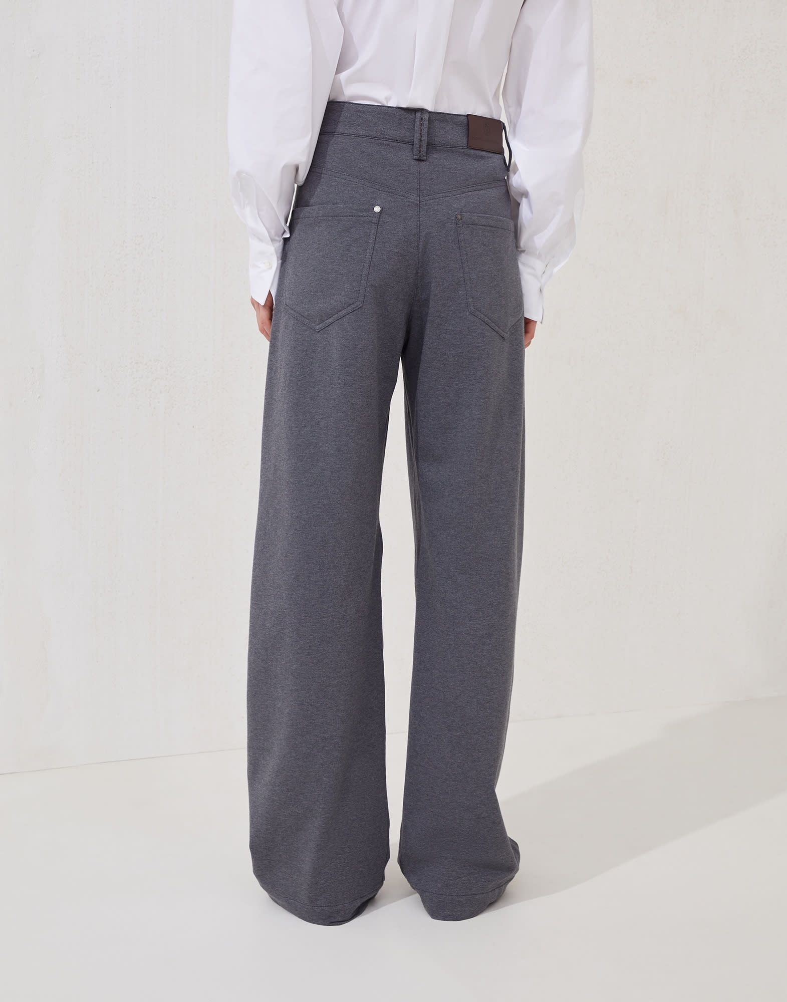 Stretch cotton lightweight French terry loose five-pocket trousers with monili - 2
