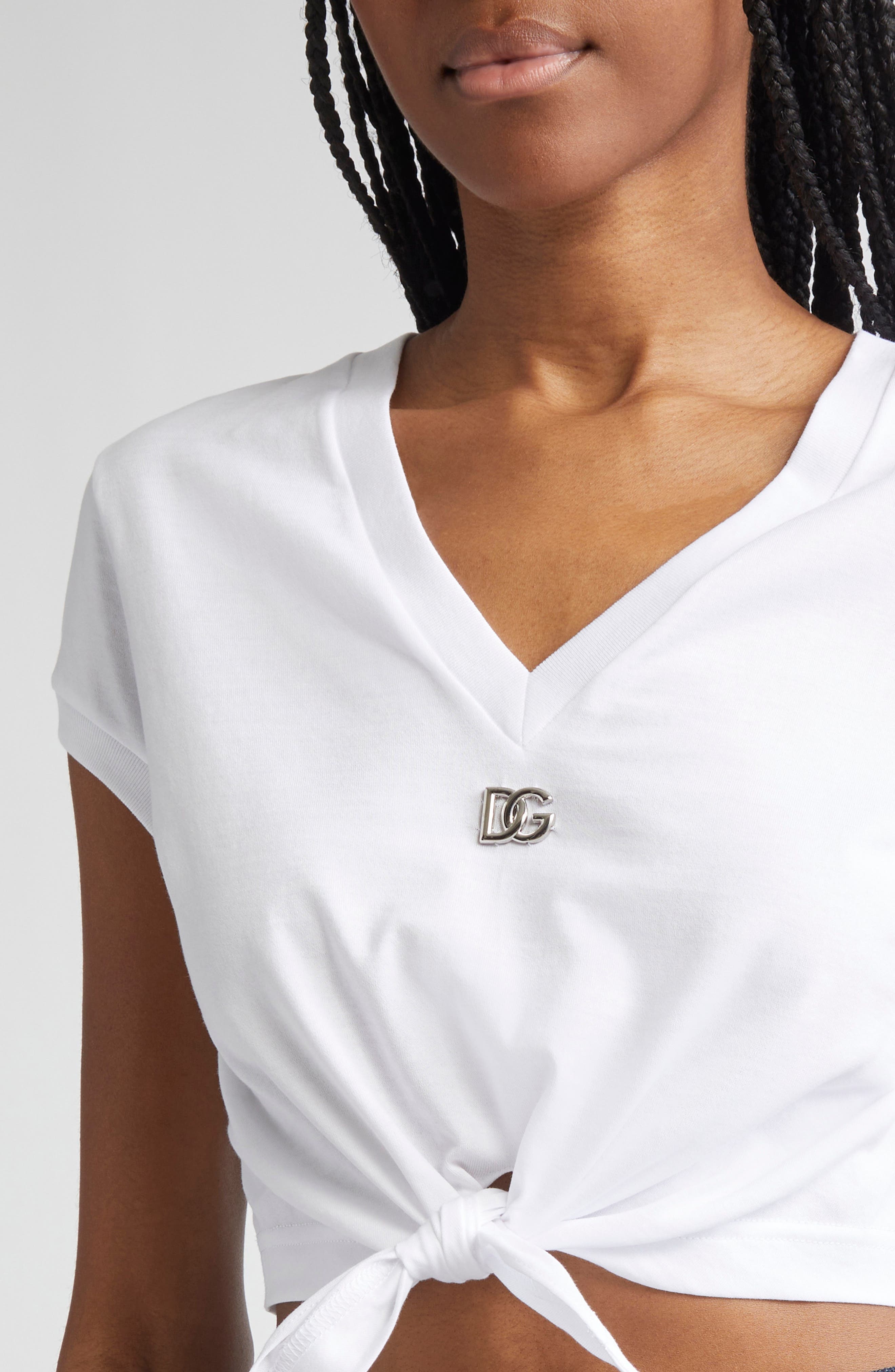 Dolce&Gabbana Tie Hem Cotton Jersey T-Shirt in Optical White at Nordstrom - 4