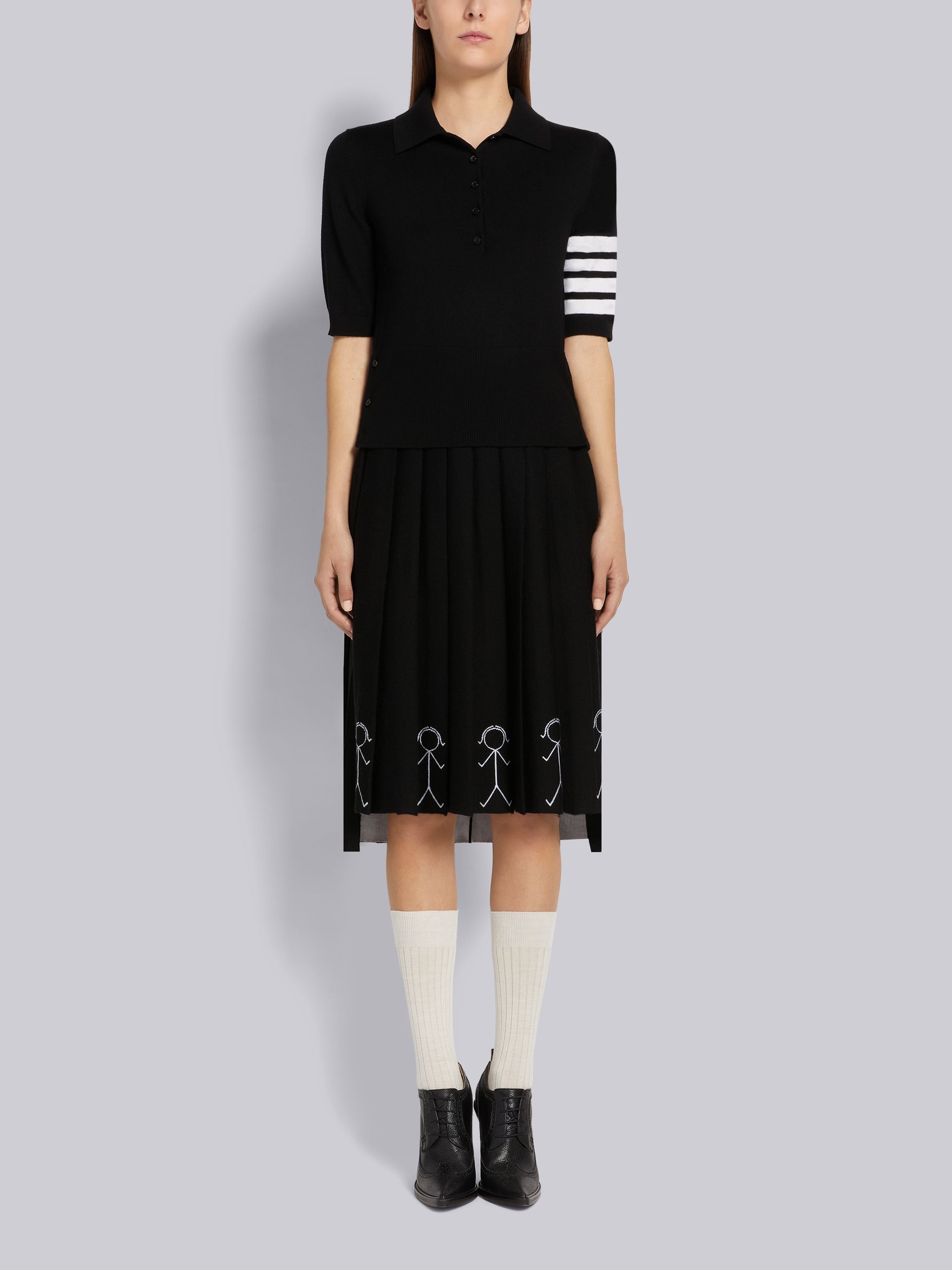Black Fine Merino Wool Mrs. Thom Intarsia Below-the-Knee Pleated Skirt - 4