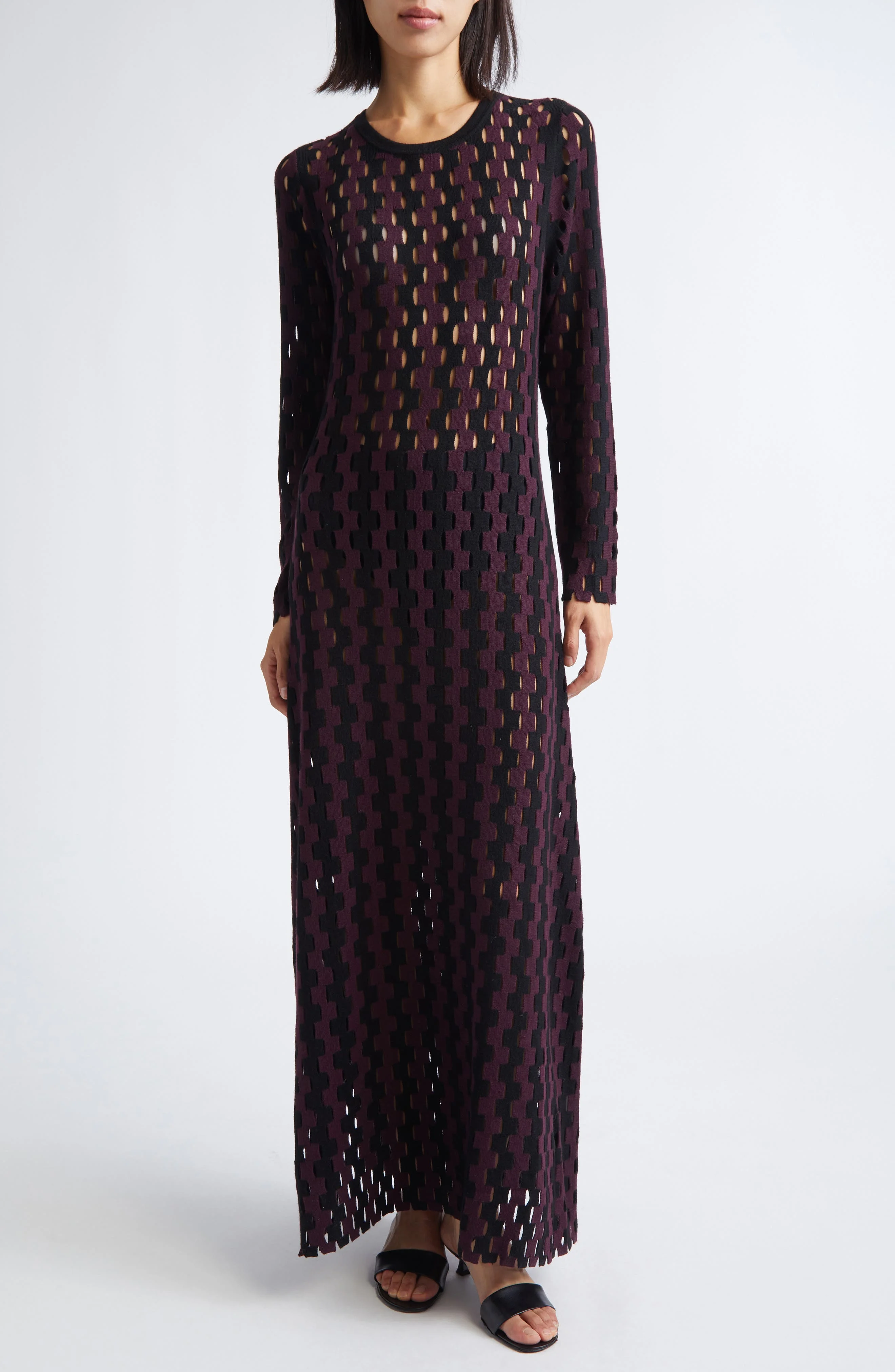 ZANKOV Natalie Open Work Long Sleeve Wool Maxi Sweater Dress in Pineau/Black Multi at Nordstrom - 1