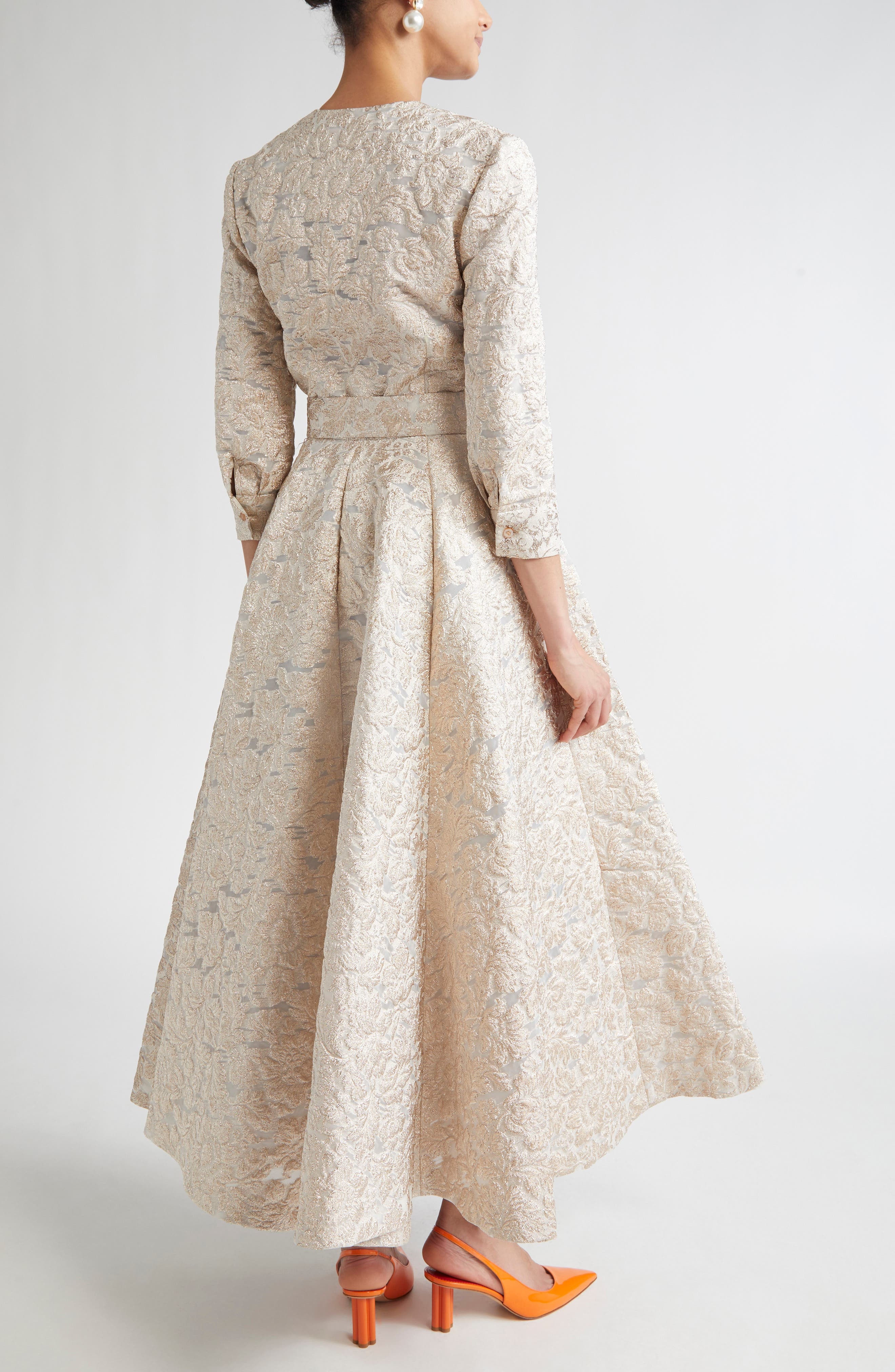 Carolina Herrera Metallic Floral Jacquard Trench Midi Dress in Gold at Nordstrom - 2