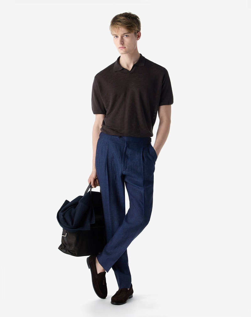 CORNELIANI Blue 2-pleated linen chambray trousers outlook
