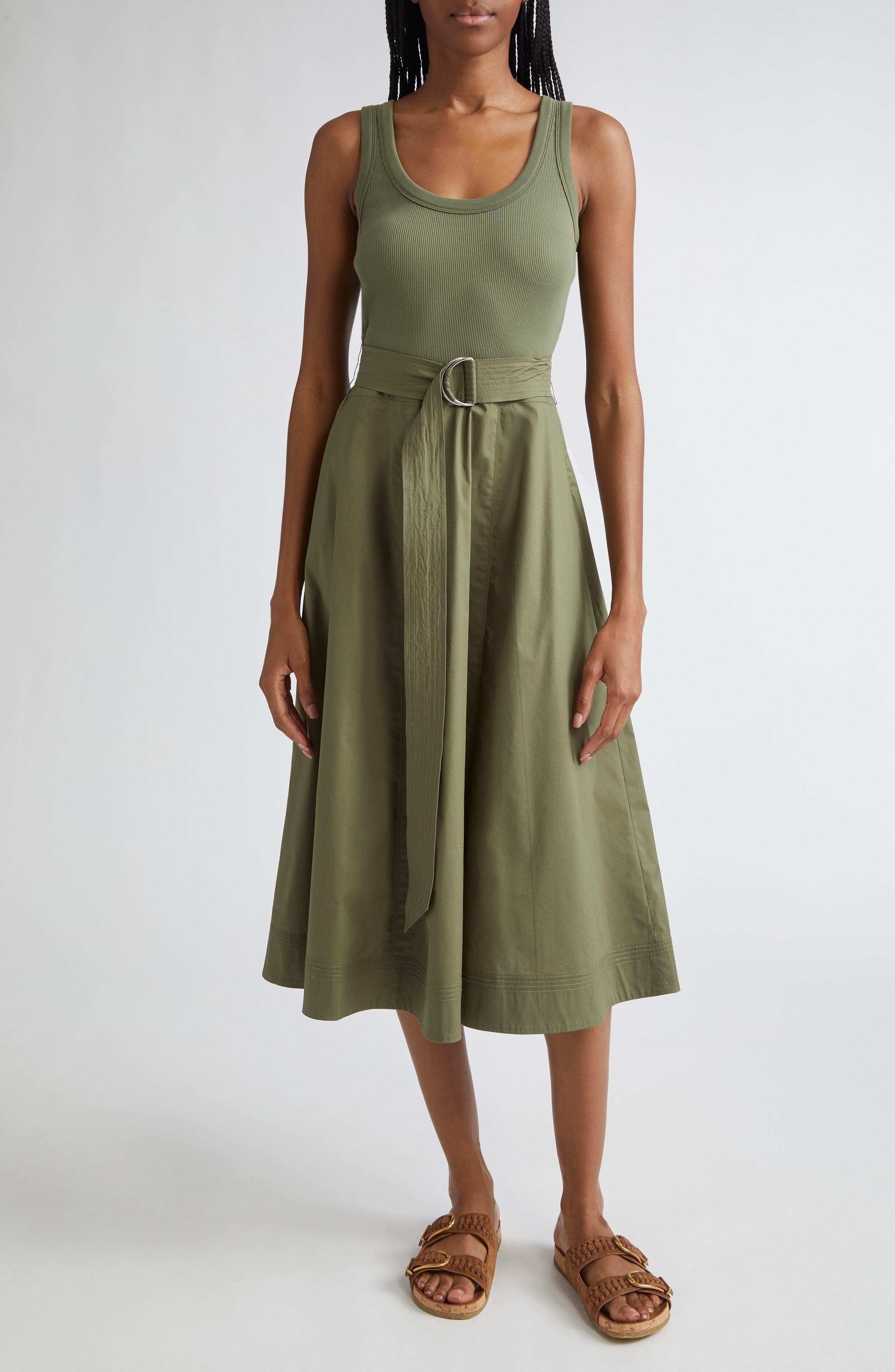 Veronica Beard Ennis Mixed Media Stretch Cotton Dress in Stone Army at Nordstrom - 1