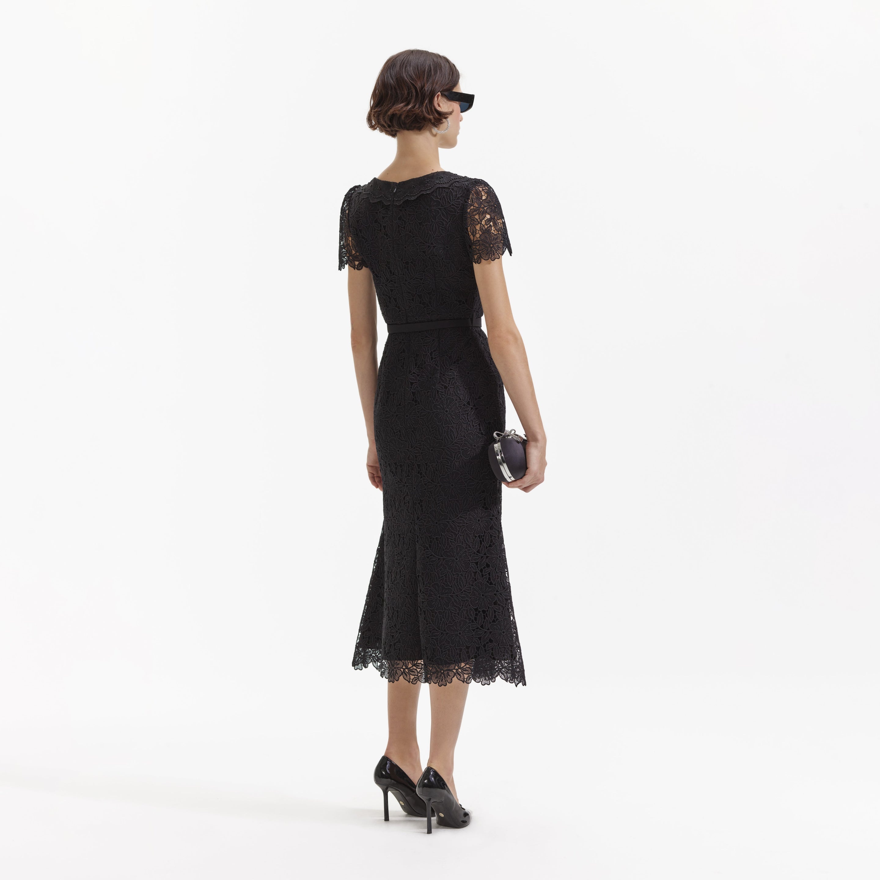 Black Guipure Lace Button Midi Dress - 3