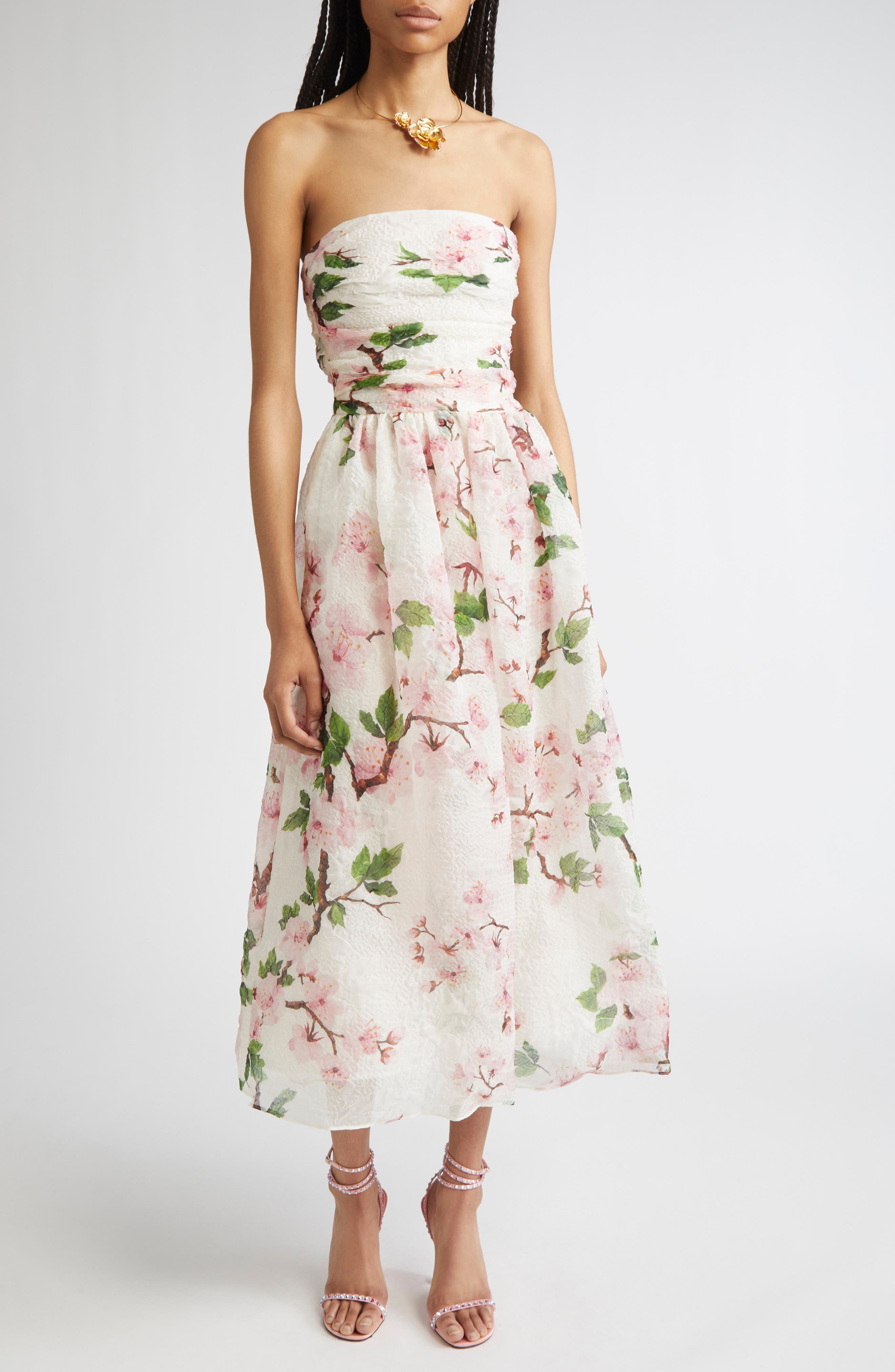 Oscar de la Renta Cherry Blossom Strapless Organdy Midi Dress in Pink/Ivory at Nordstrom - 1