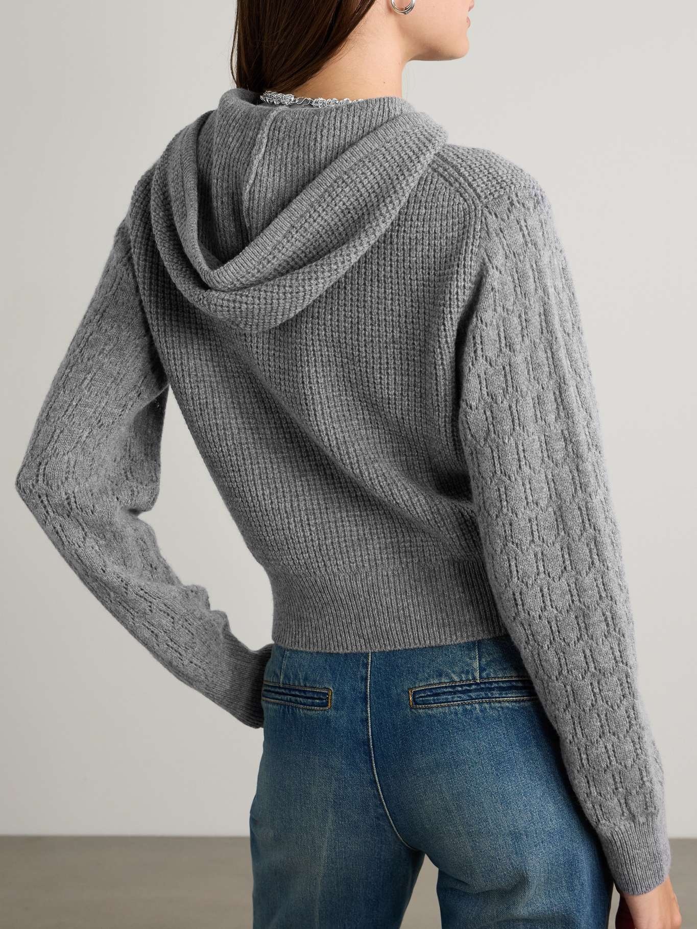 Hooded pointelle and waffle-knit stretch-wool sweater - 4