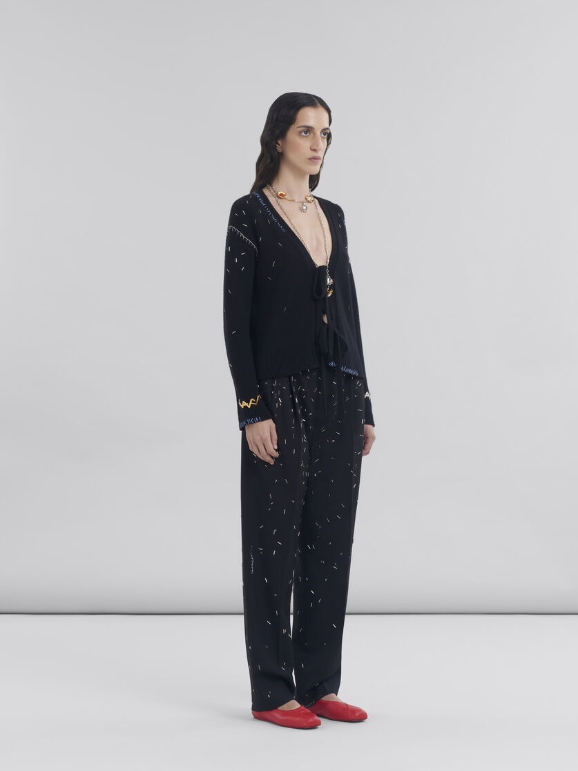 BLACK STRAIGHT CUT WOOL TROUSERS WITH BEAD DETAIL - 5