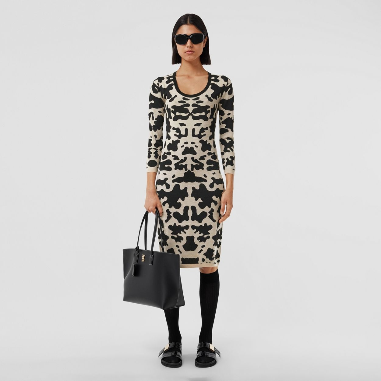 Long-sleeve Cow Print Viscose Wool Dress - 2