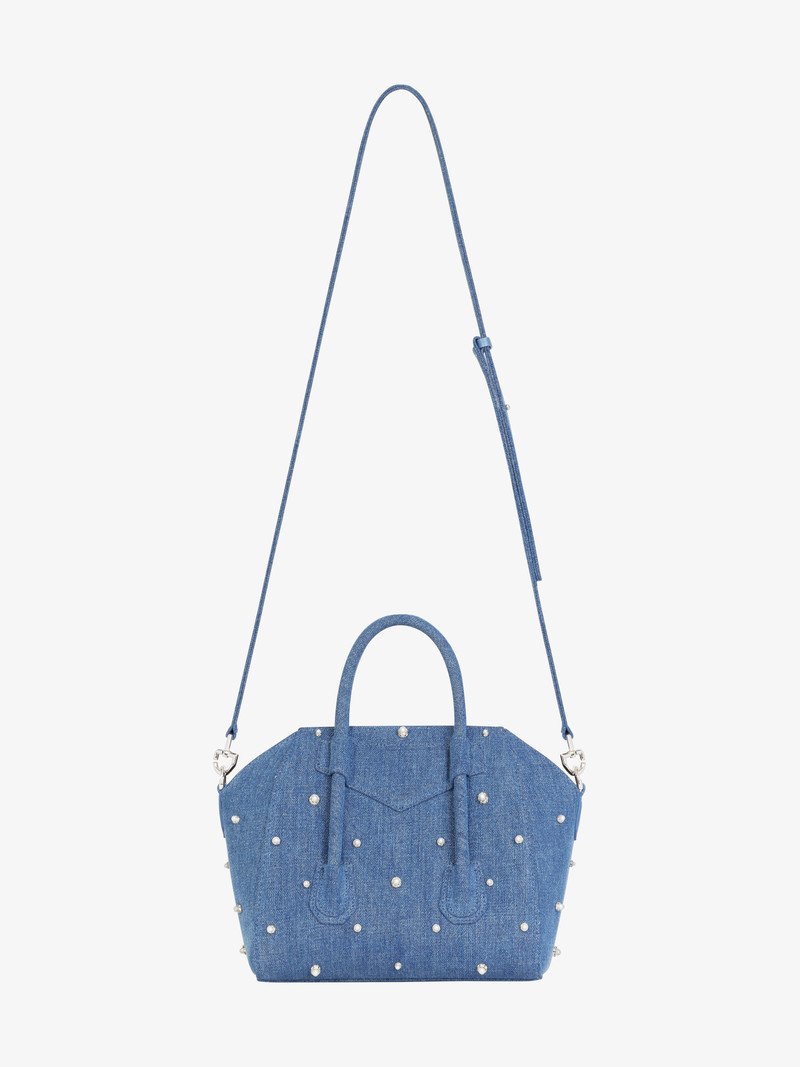 MINI ANTIGONA LOCK BAG IN DENIM WITH PEARLS 4