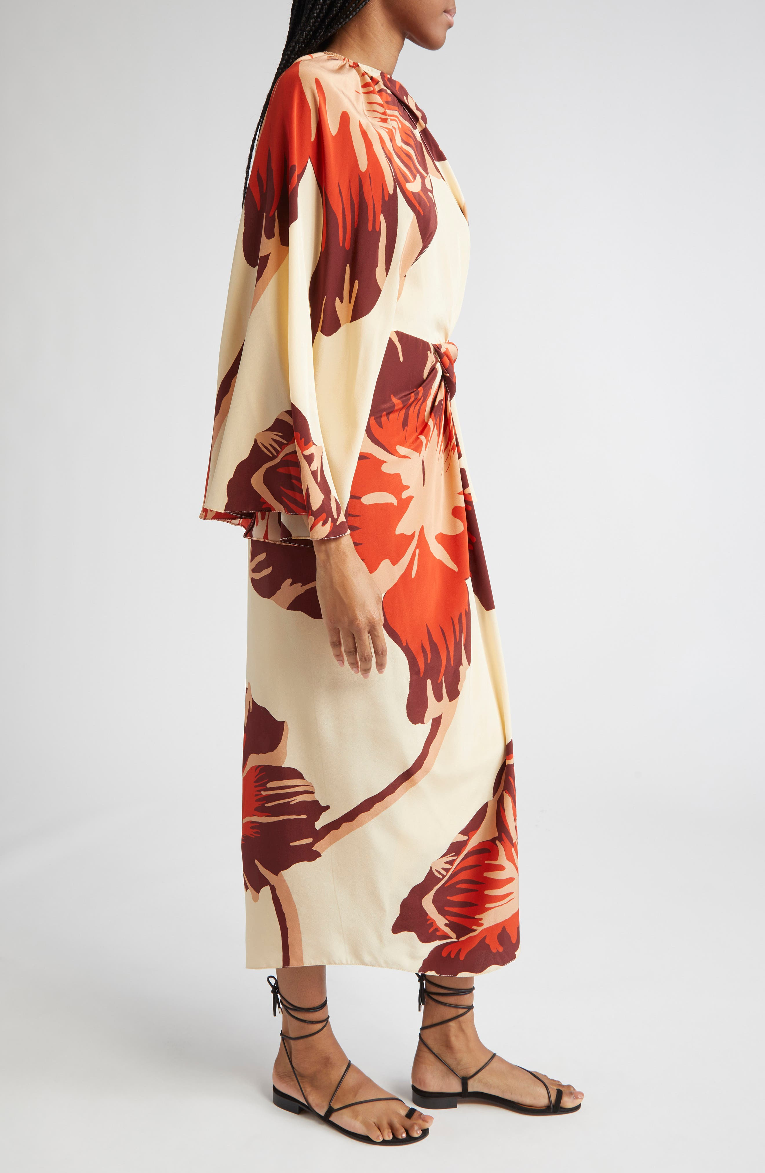 Johanna Ortiz Odyssey Floral Print Dress with Removable Cape in Ecru /Wine /Red /Pink at Nordstrom - 4